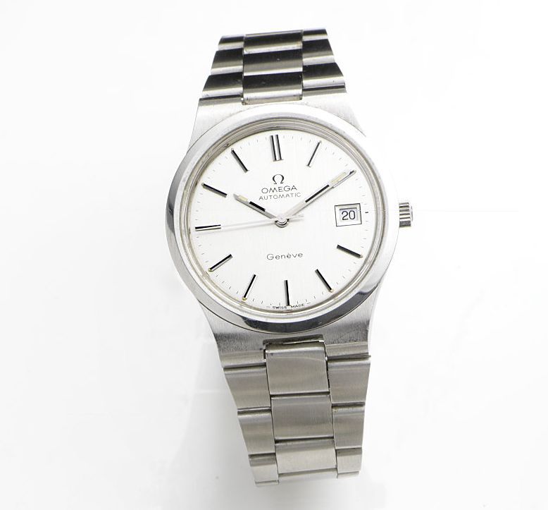 Omega. A stainless steel automatic calendar bracelet watchGeneve Automatic, Ref:166.0173, Movement No.36753906, Sold 11th August 1975