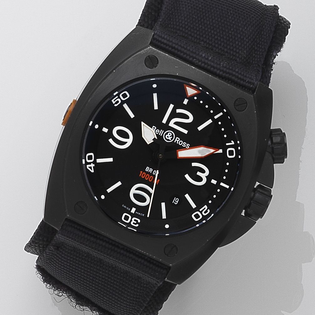 Bell & Ross. A black PVD coated stainless steel automatic calendar wristwatch Ref:BR02-20-S-01678, Case No.0561001, Movement No.DM09/A154, Recent