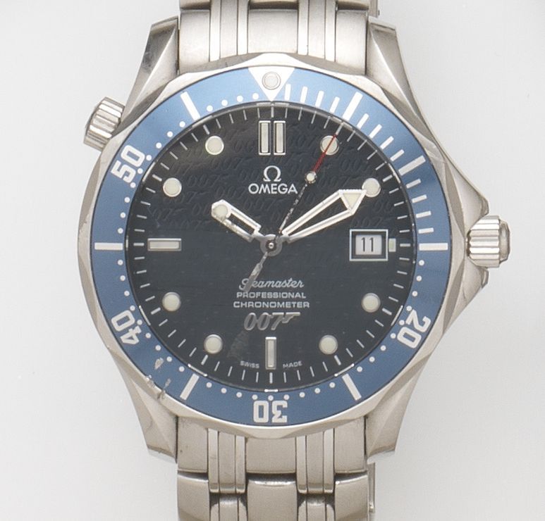Omega. A stainless steel automatic calendar bracelet watch with box and papersSeamaster Professional 007 James Bond Limited Edition, Ref:25378000, Case No.02611/10***, Movement No.80410***, 2002