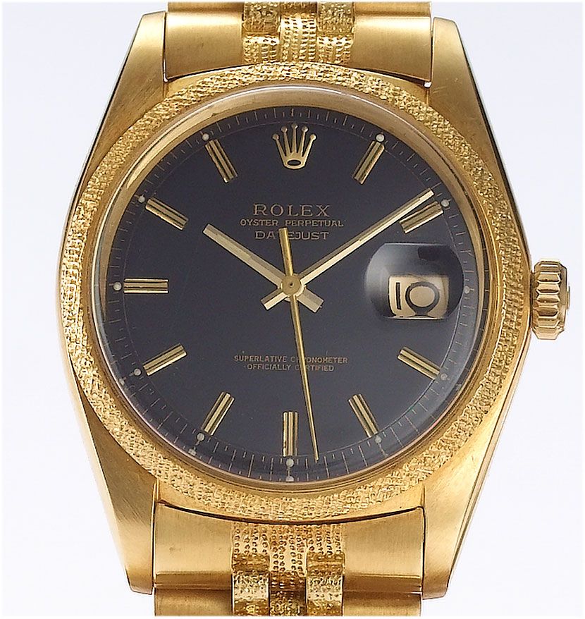 Rolex. An 18ct gold automatic black dial bracelet watchDatejust, Ref:1611, London Import mark for 1974