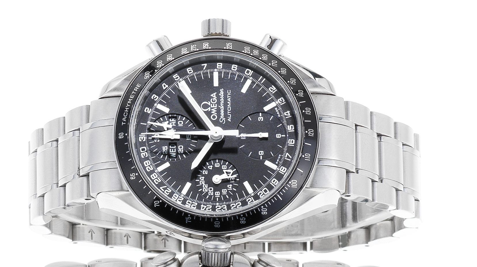 Omega. A fine stainless steel automatic chronograph bracelet watchSpeedmaster Day-Date, Ref:3520.50, Sold December 2004