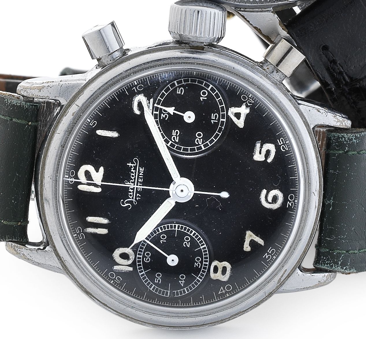 Hanhart. A nickel plated manual wind chronograph Military wristwatchCirca 1960