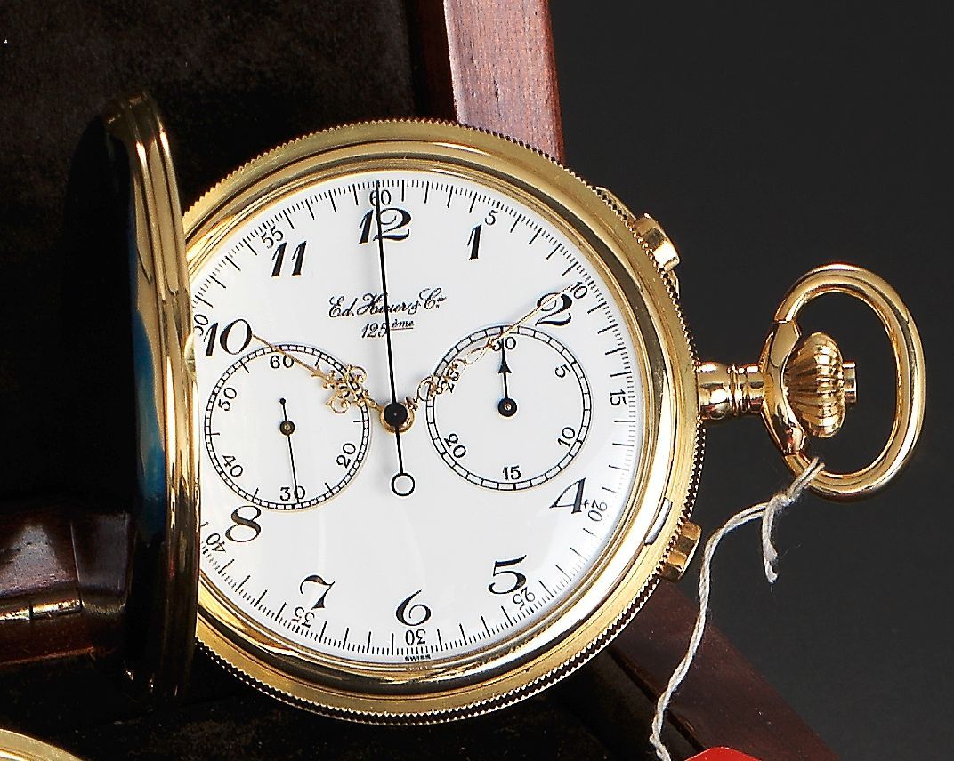 Ed. Heuer & Co. An 18ct gold keyless wind split time chronograph full hunter pocket watch with wooden presentation boxNo.006, 1980's