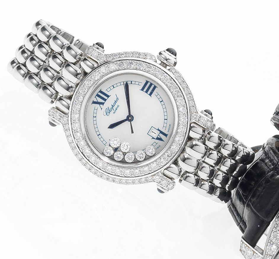 Chopard. A fine lady's 18ct white gold diamond set centre seconds calendar bracelet watchHappy Sport, Recent