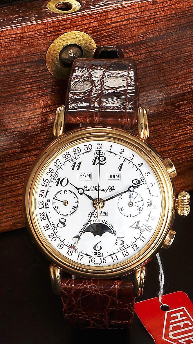 Ed.Heuer & Co. An 18ct gold manual wind calendar moonphase chronograph wristwatch with wooden presentation boxNo.004, 1980's