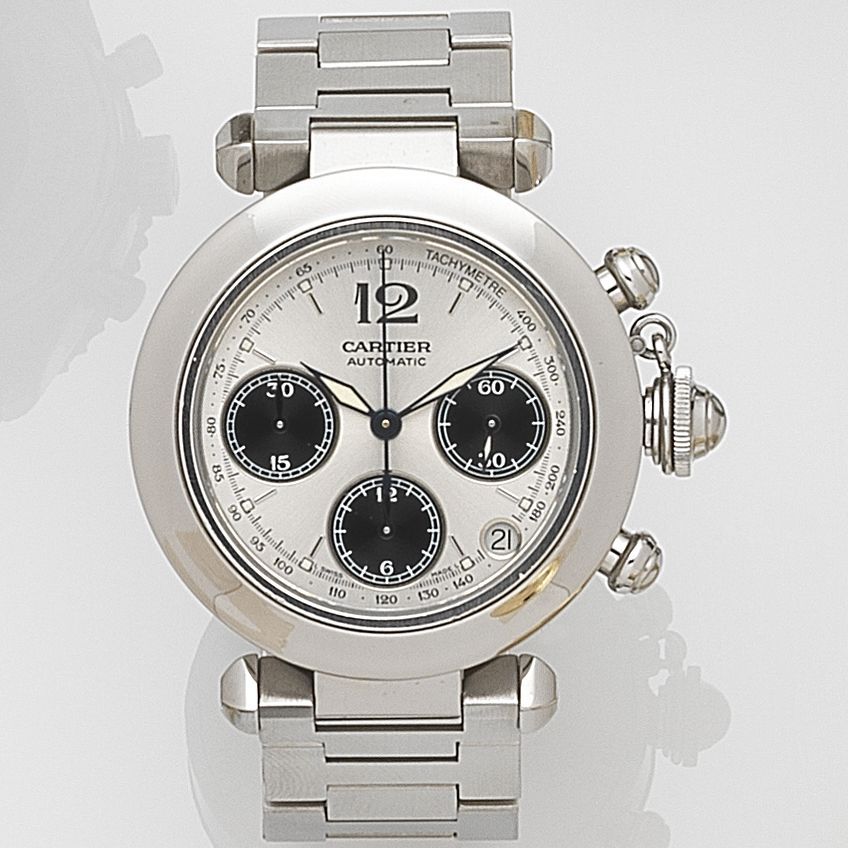 Cartier. A stainless steel automatic calendar chronograph bracelet watchPasha, Ref:2412, Case No.490608CD, Movement No.280419, Circa 2000