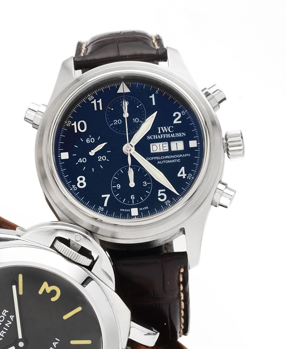 IWC. A fine stainless steel automatic split second chronograph calendar wristwatch together with fitted presentation box and papersDoppelchronograph, Ref:3713, Case No.2951014, Sold February 1st 2008