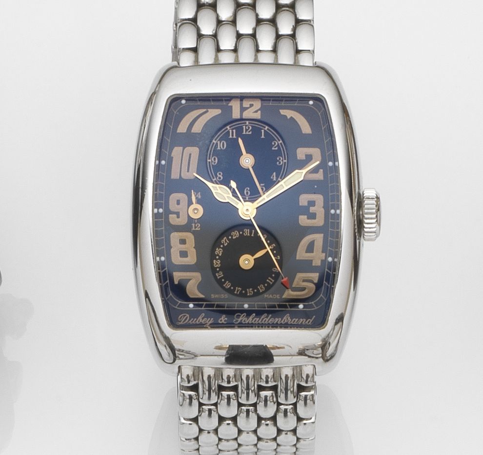 Dubey & Schaldenbrand. A stainless steel automatic dual time zone calendar bracelet watch with box and papersAerodyn Duo, Case No.2850, Sold 22nd February 2003