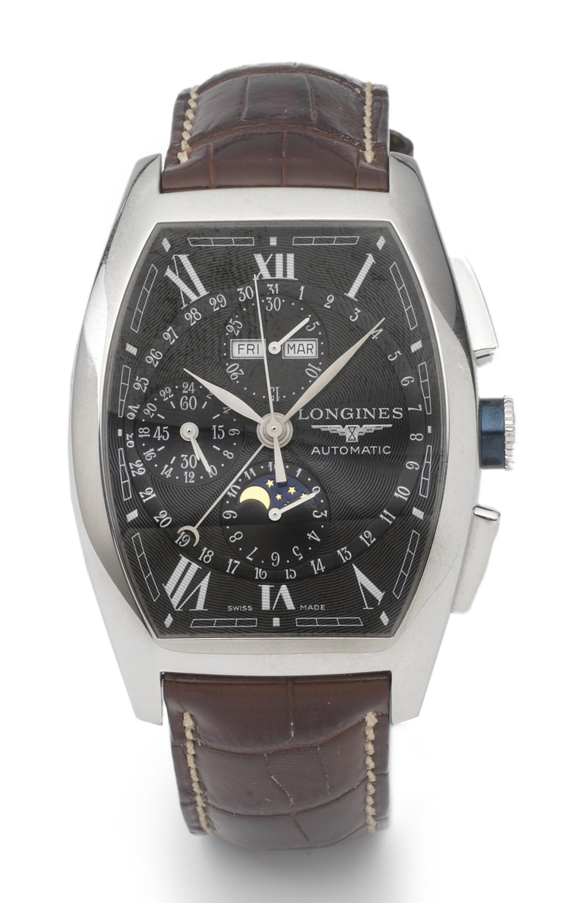 Longines. A stainless steel calendar wristwatch with fitted presentation box and papersEvidenza, recent