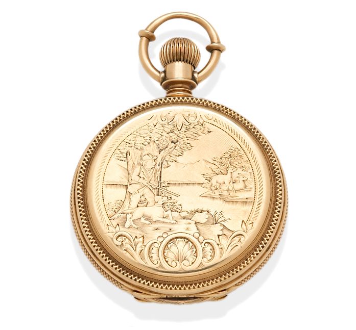 Illinois. A rare engraved 14K gold hunter cased watchGrade 104, 2nd model 18 size no. 500437