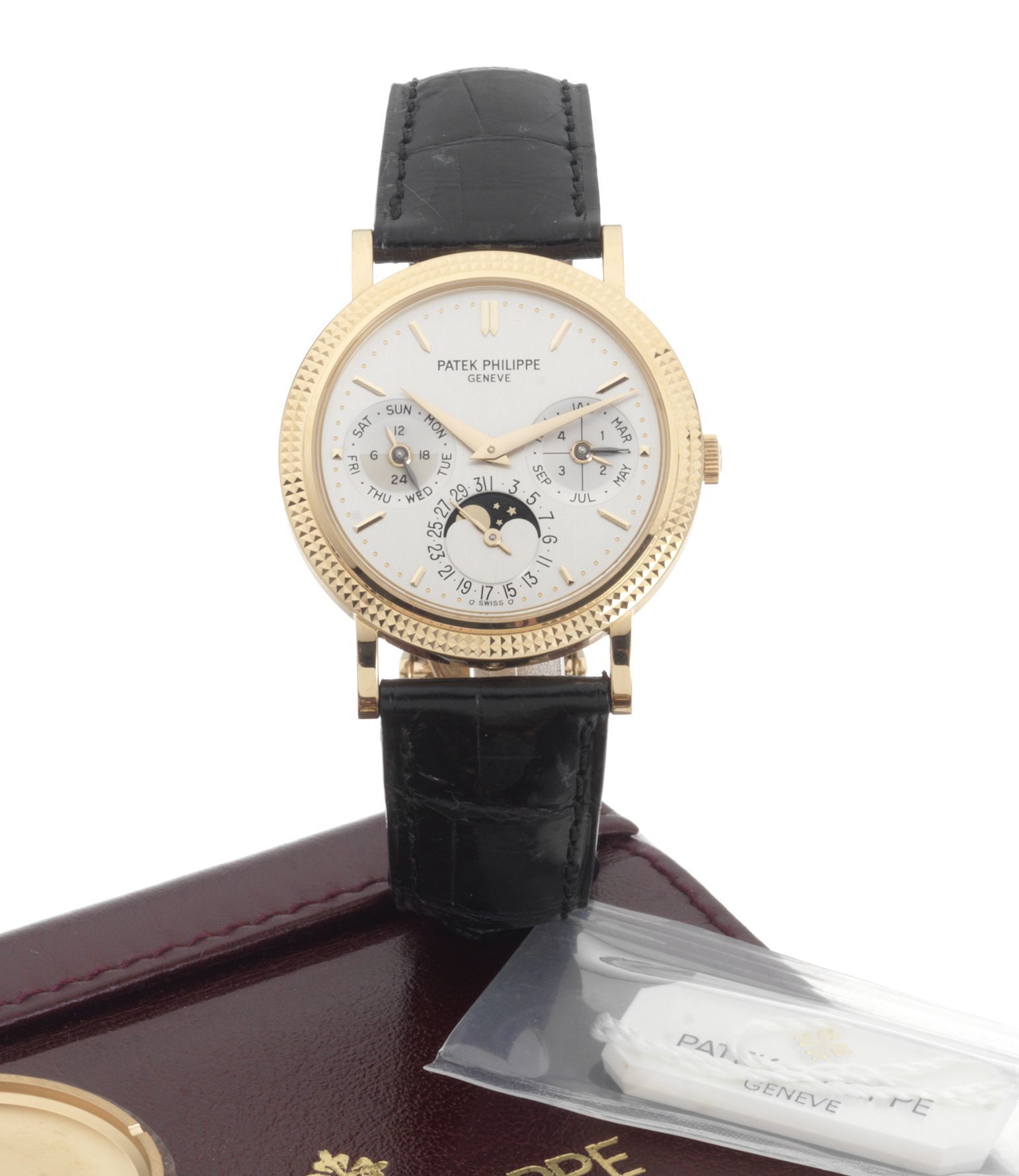 Patek Philippe. A fine 18ct rose gold automatic perpetual calendar wristwatch with moonphases, deployant clasp, Patek Philippe automatic winding box and Certificate of OriginRef:5039, Case ...