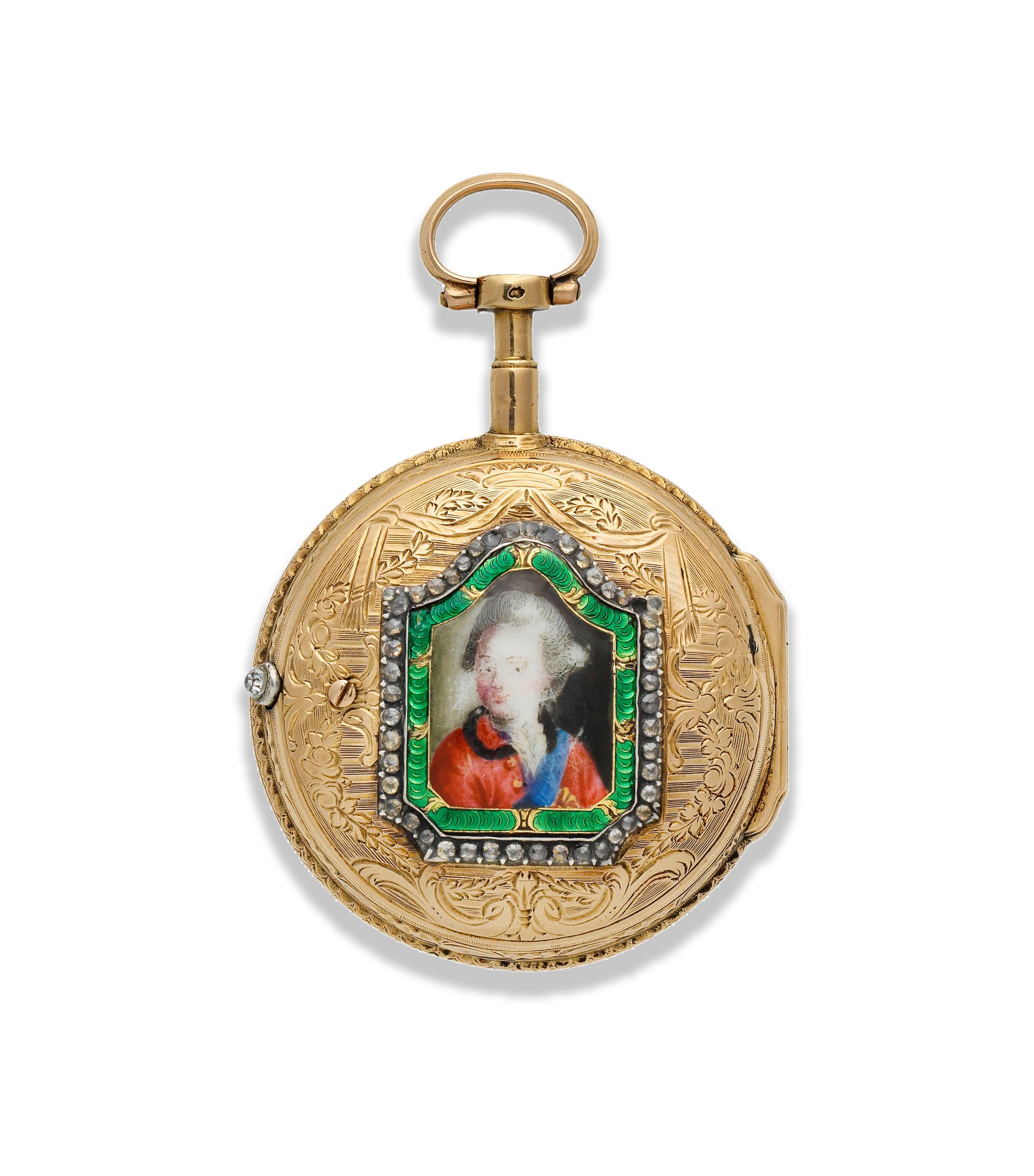 Lepine. A continental gold key wind open face pocket watch with painted enamel portrait to reverse Circa 1790