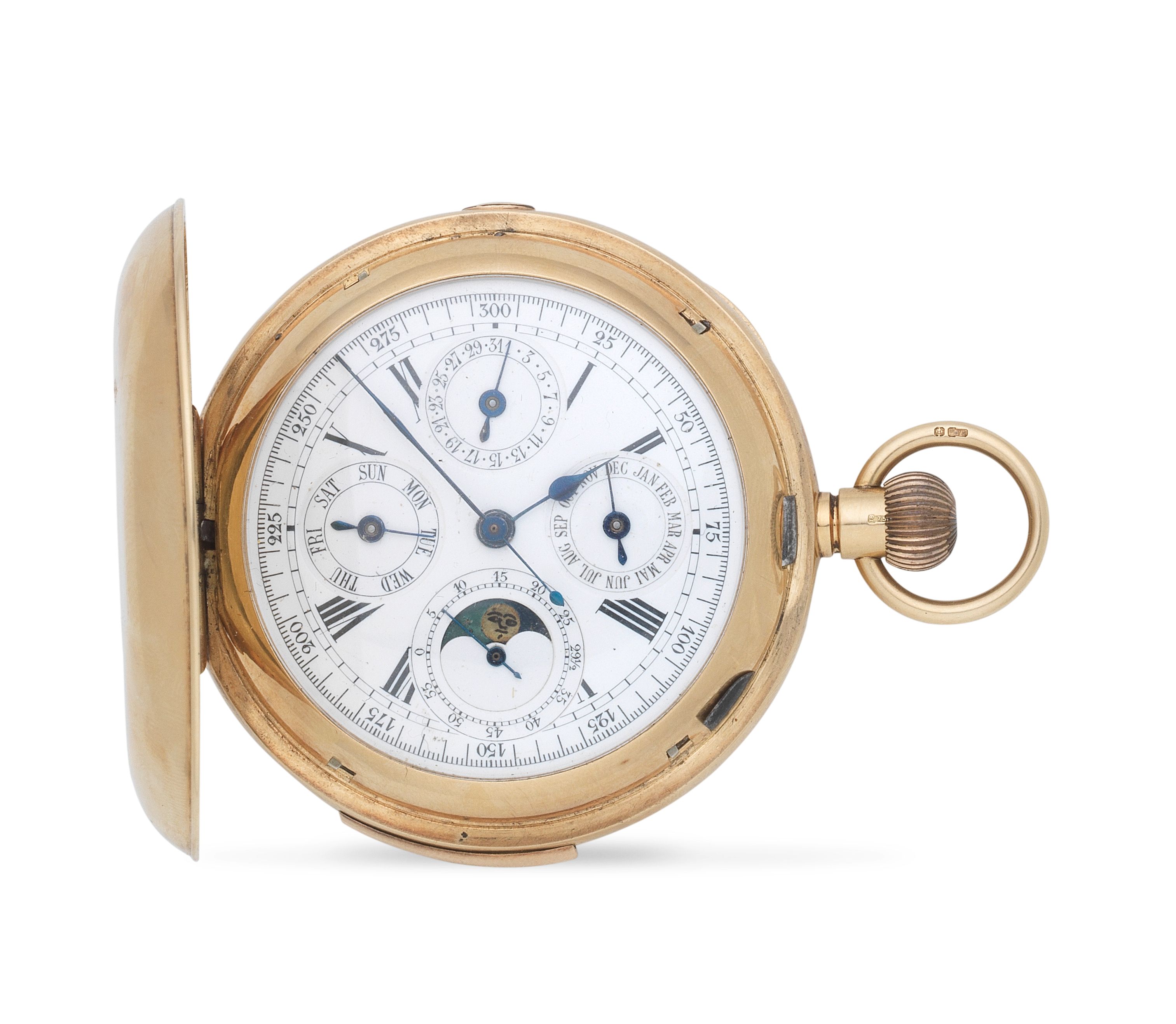 An 18K gold keyless wind triple calendar minute repeating chronograph full hunter pocket watch with moon phase London Import mark for 1907