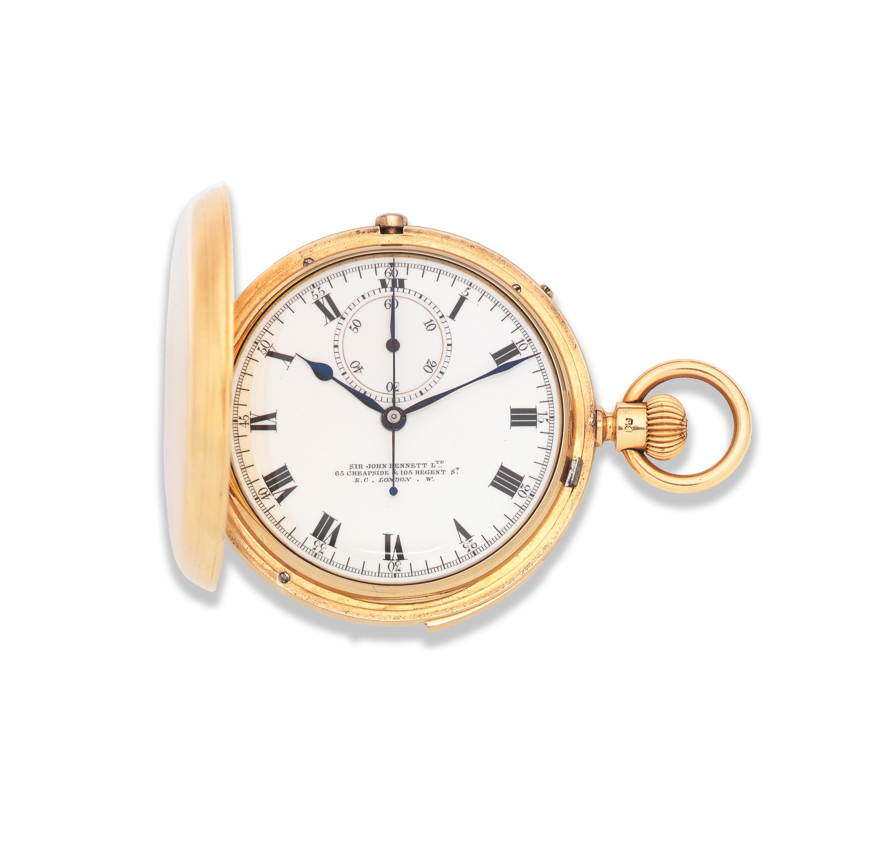Sir John Bennett, 65 & 64 Cheapside, London. A good 18K gold keyless wind chronograph quarter repeating full hunter pocket watch London Hallmark for 1885