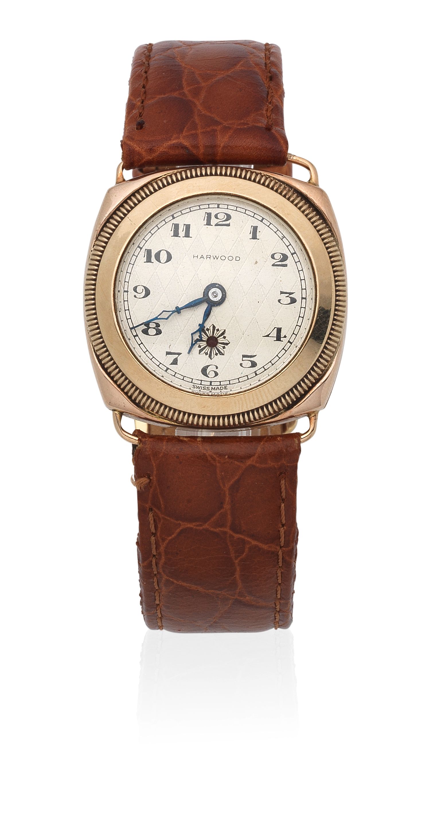 Harwood. A 9K gold automatic cushion form wristwatch London Import mark for 1929