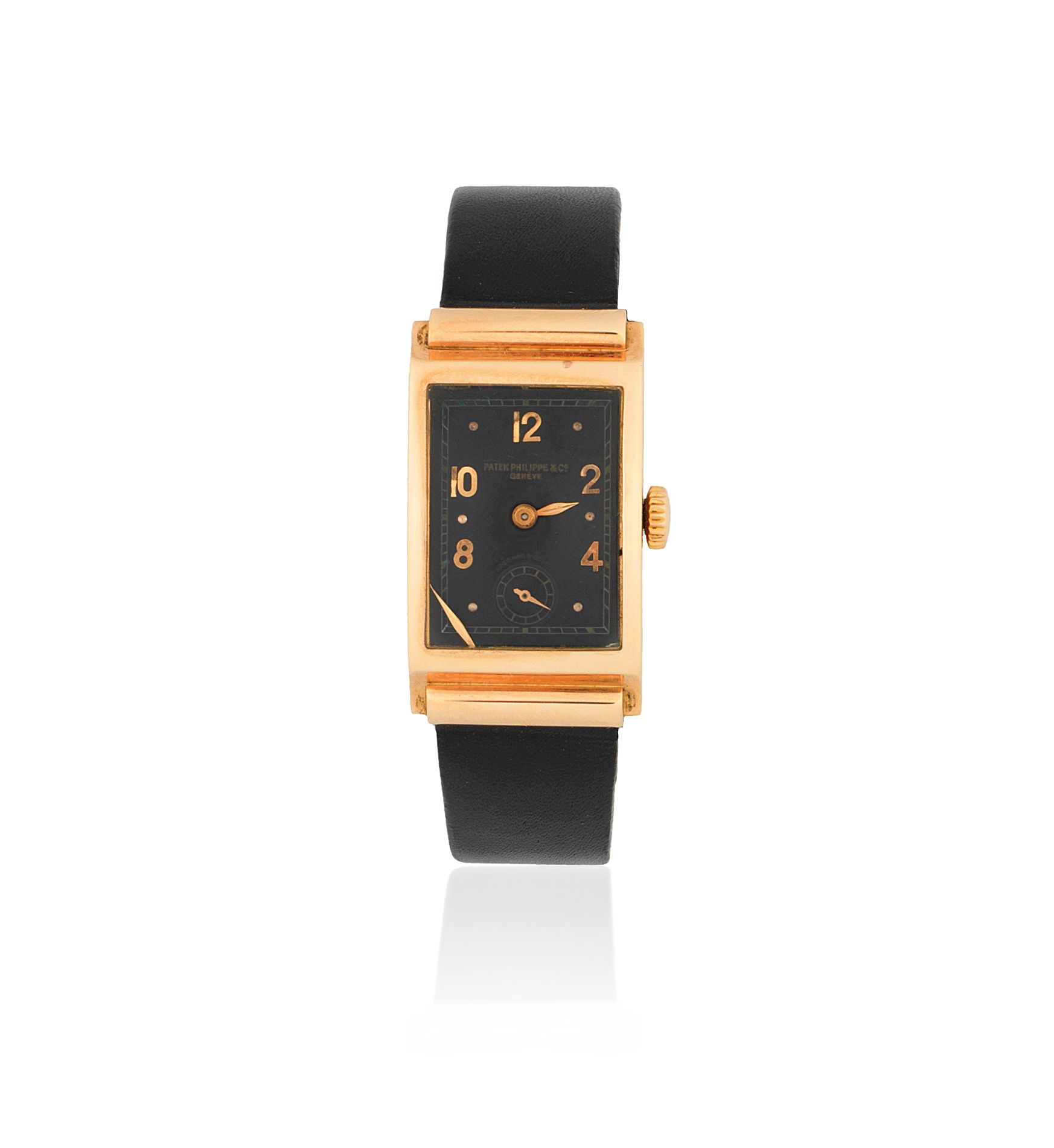 Patek Philippe. An 18K rose gold manual wind rectangular wristwatch with hooded lugs Ref: 580, Sold 17th October 1938