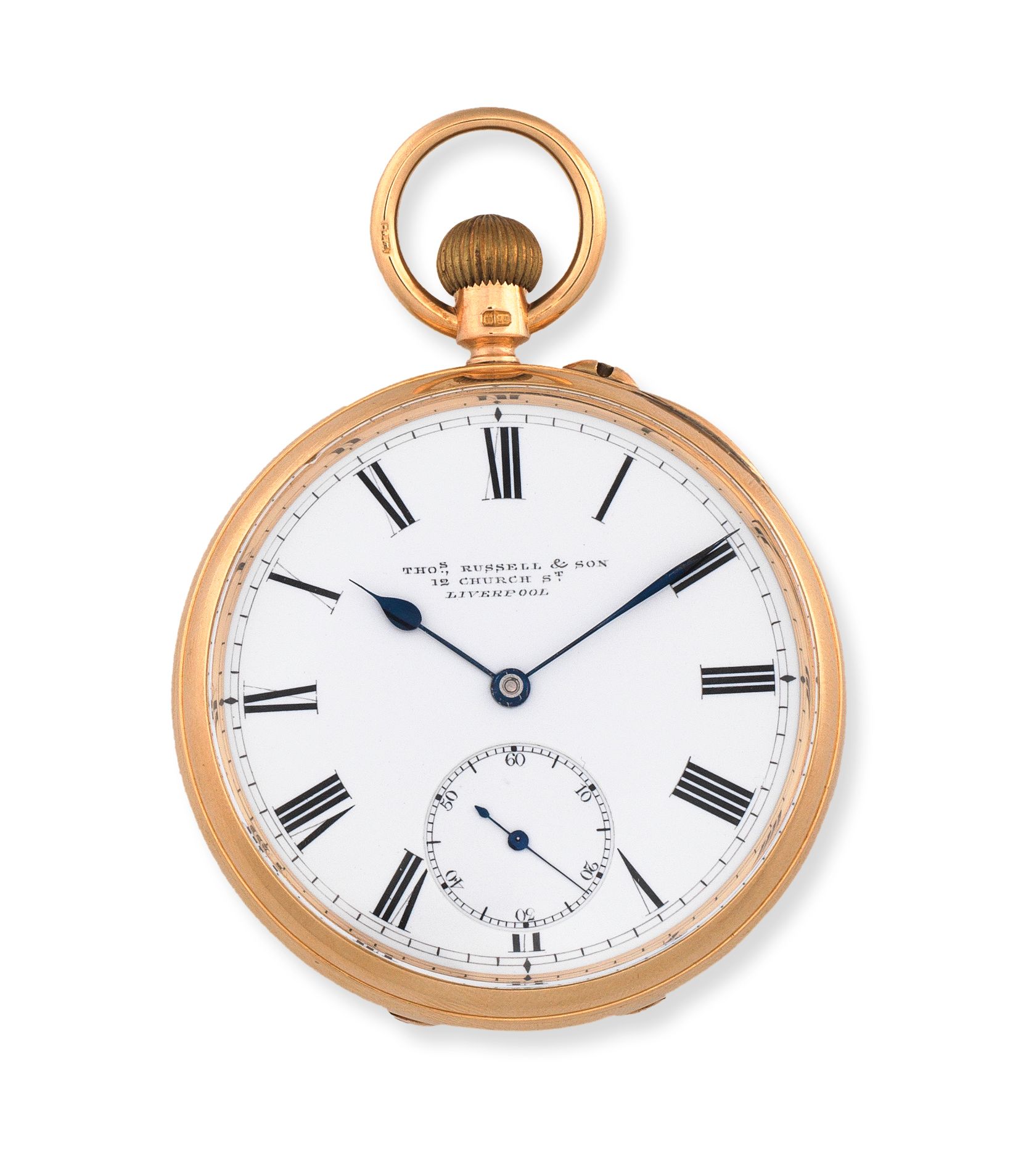 Thomas Russell & Son, 12 Church St, Liverpool. An 18K gold keyless wind open face pocket watch Chester Hallmark for 1898