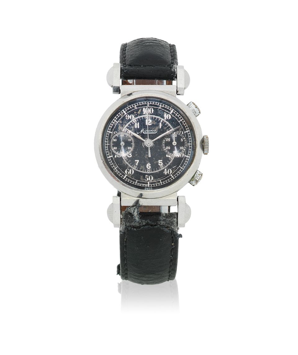 Minerva. A stainless steel manual wind chronograph wristwatch with hinged lugs Circa 1940