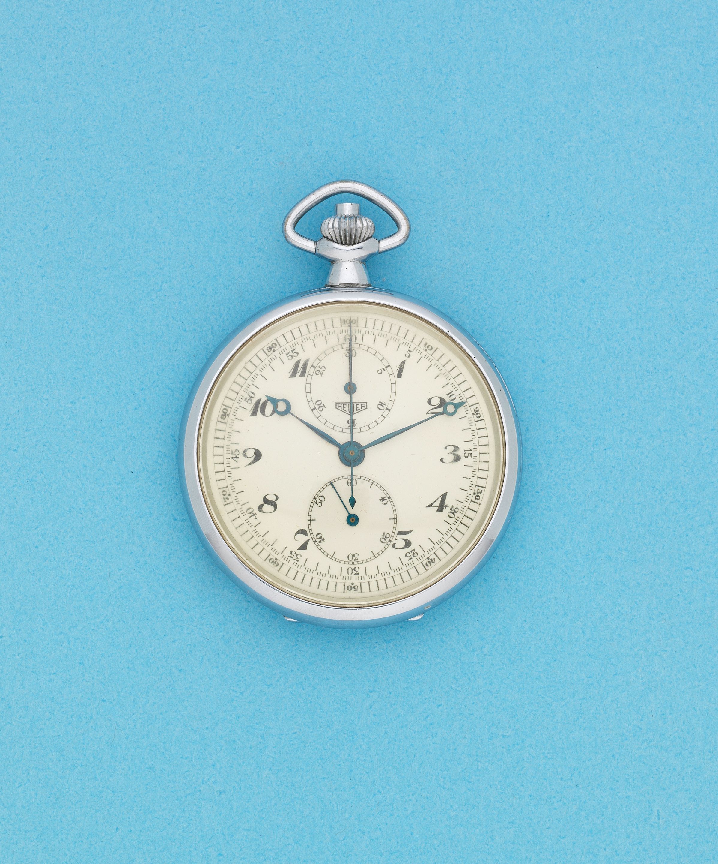 Heuer. A chrome plated keyless wind chronograph pocket watch Circa 1970