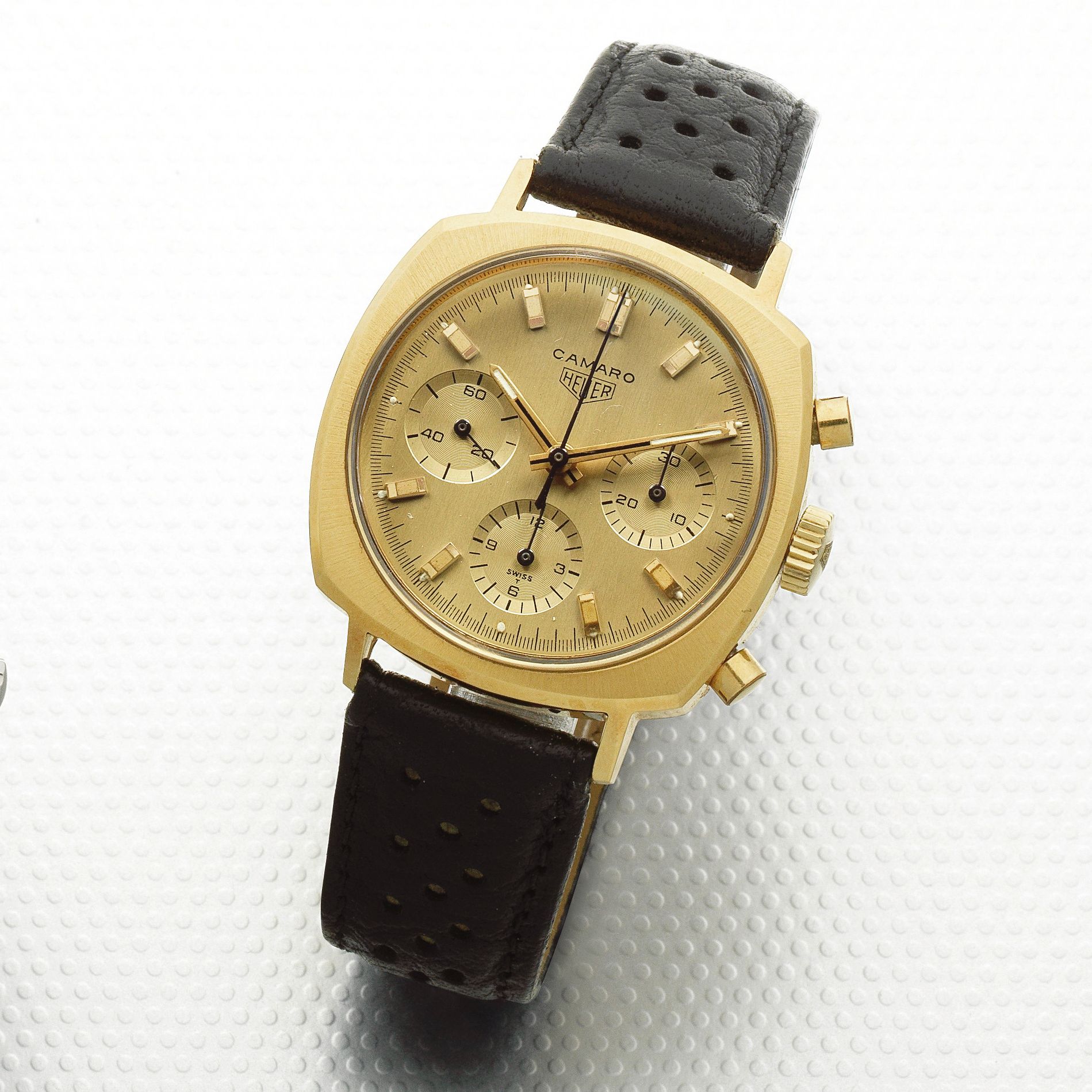 Heuer. A rare 18K gold manual wind chronograph cushion form wristwatch Camaro, Ref: 7228, Circa 1968