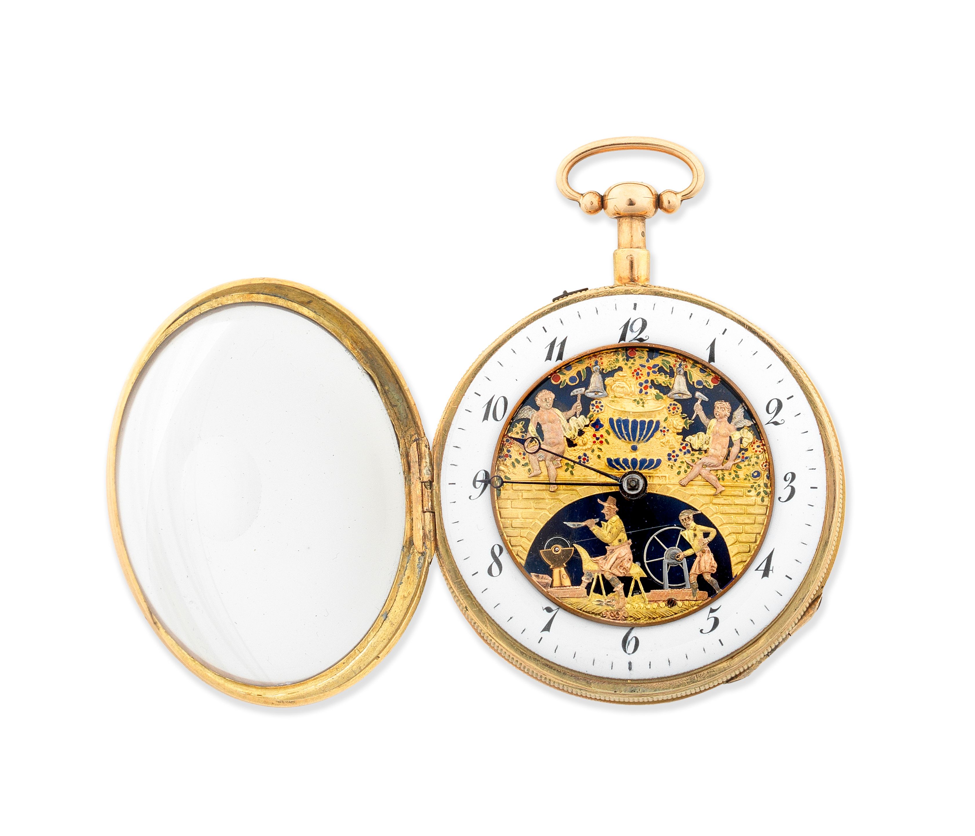 Blanc Fils, Palais Royal. A very fine and unusual key wind open face quarter repeating pocket watch with five automaton 'The Knife Grinder' Circa 1815