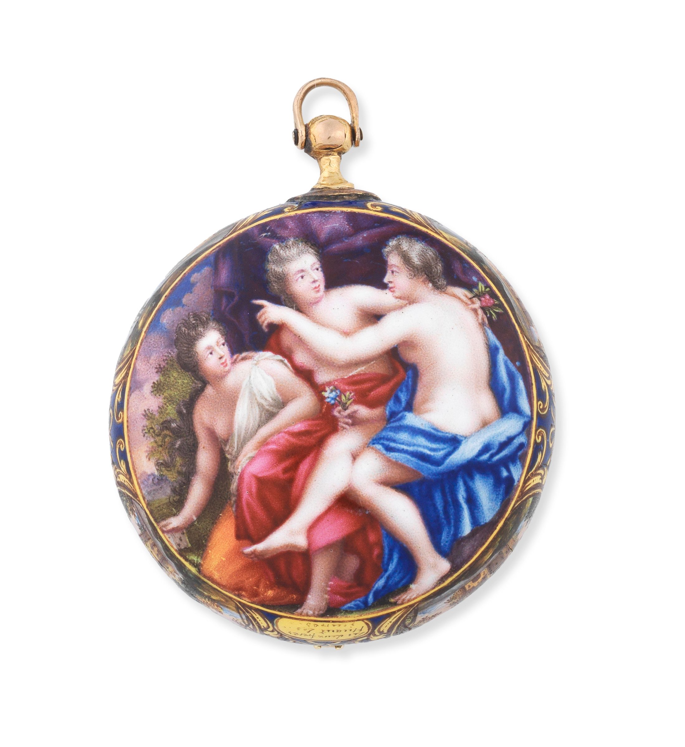 Johannes Van Ceulen, Hague. A fine and rare key wind pocket watch with Les Deux Frères Huaut polychrome enamel case depicting three maidens Late 17th ...