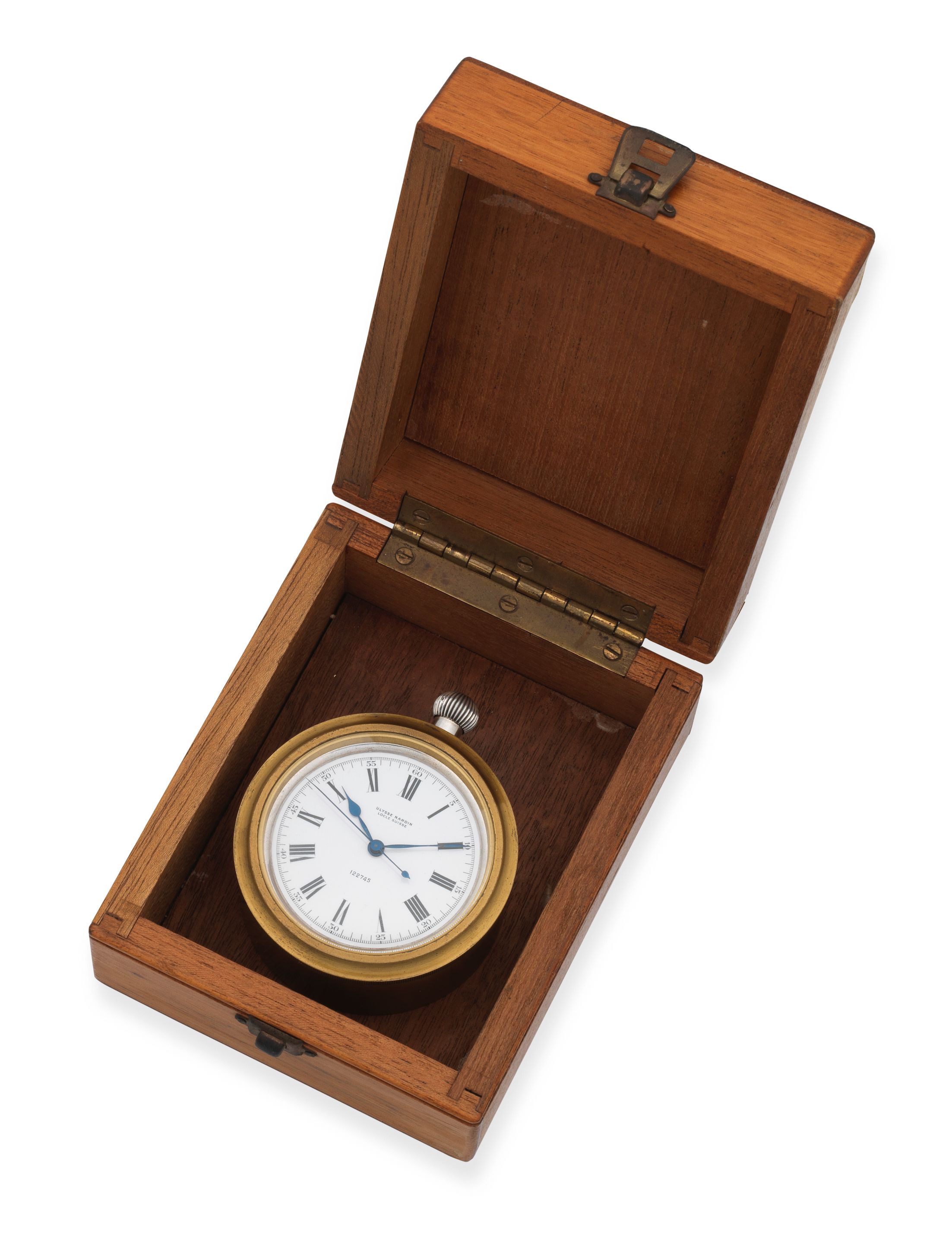 Ulysse Nardin. A silver keyless wind open face Observation chronometer deck watch with wooden display box Circa 1940