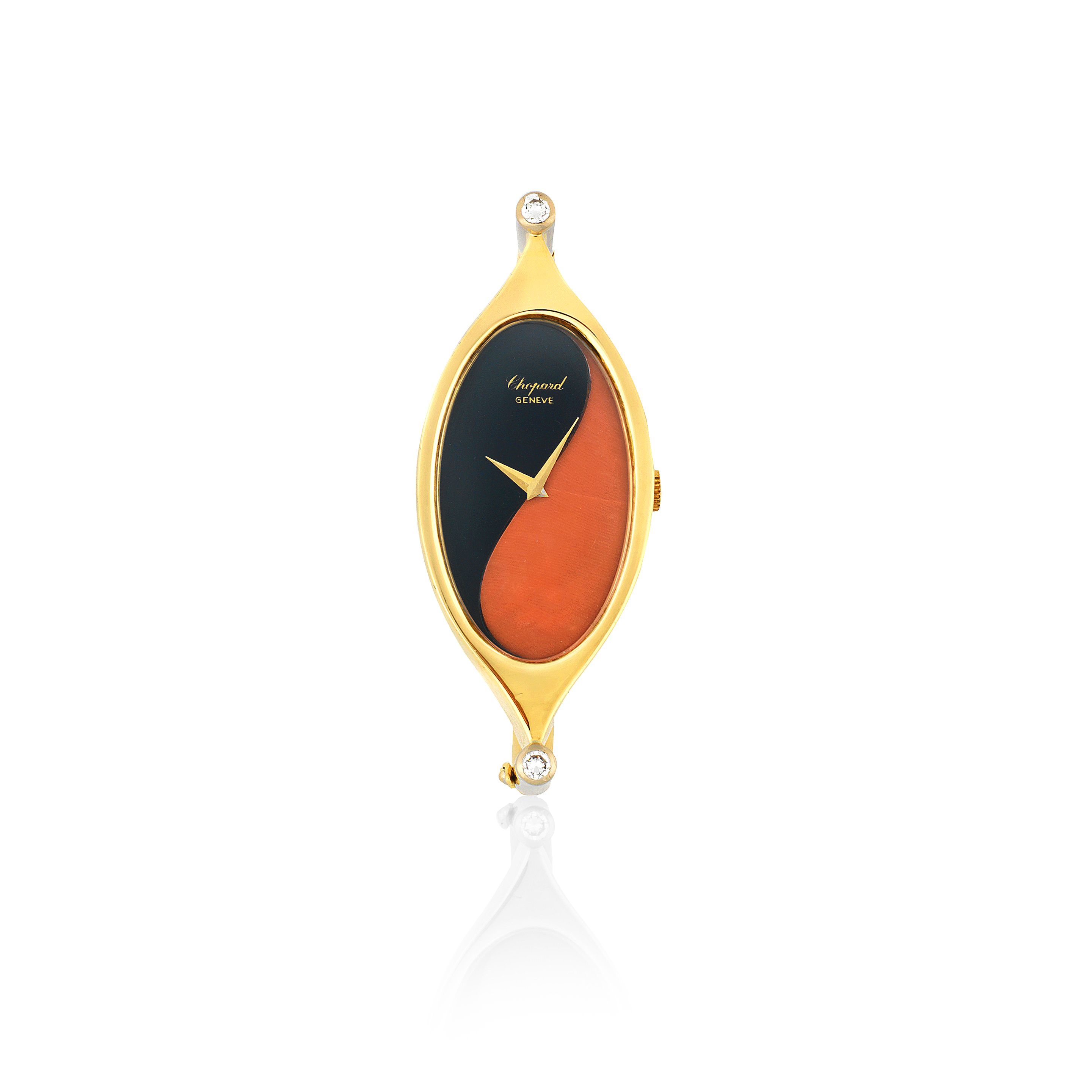 Chopard. A lady's unusual 18K gold and diamond set manual wind bangle watch with coral and onyx dial London Import mark for 1976