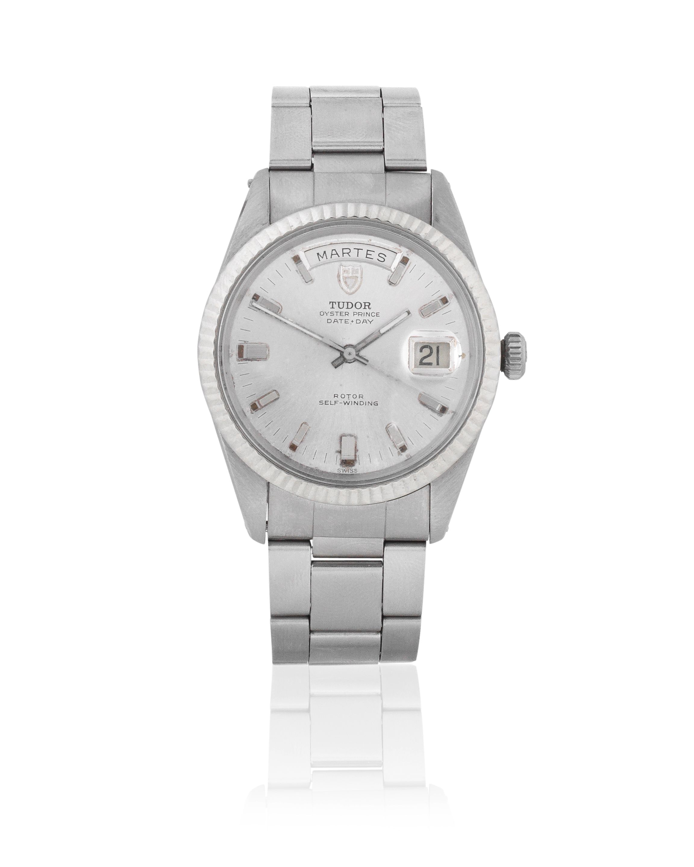 Tudor. A stainless steel and white gold automatic calendar bracelet watch Oyster Prince Date & Day, Ref: 7019/4, Circa 1970
