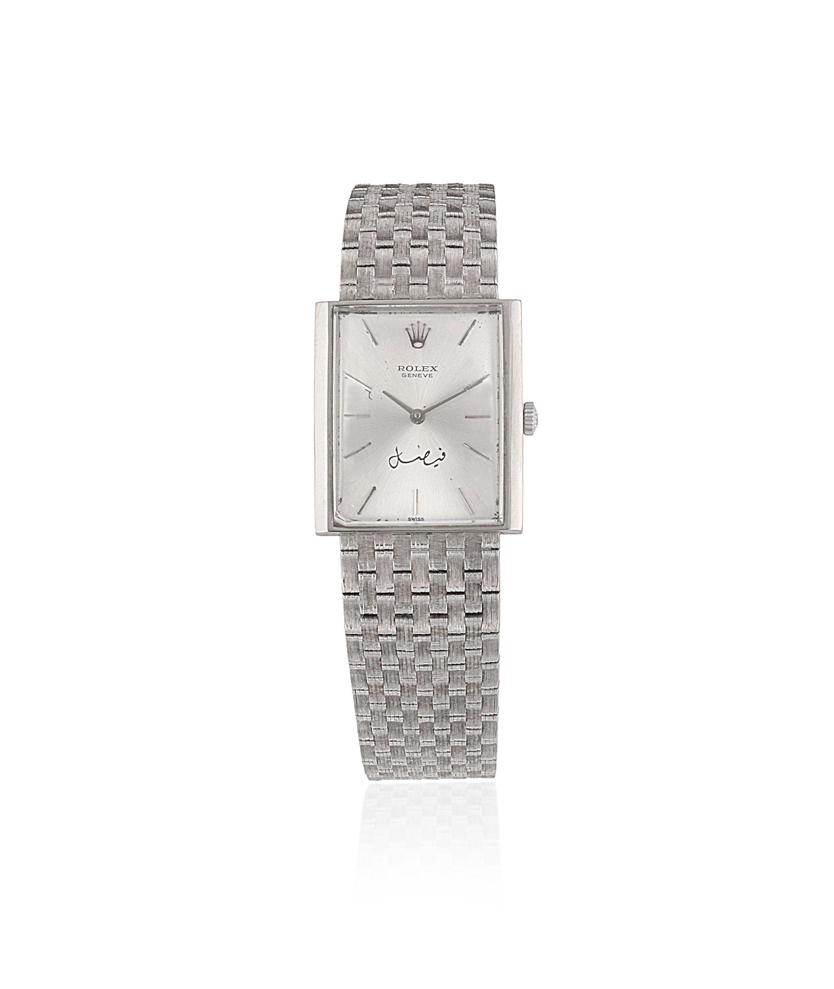 Rolex. An 18K white gold manual wind rectangular bracelet watch with signature of King Faisal of Saudi Arabia Ref: 3683, Circa 1970
