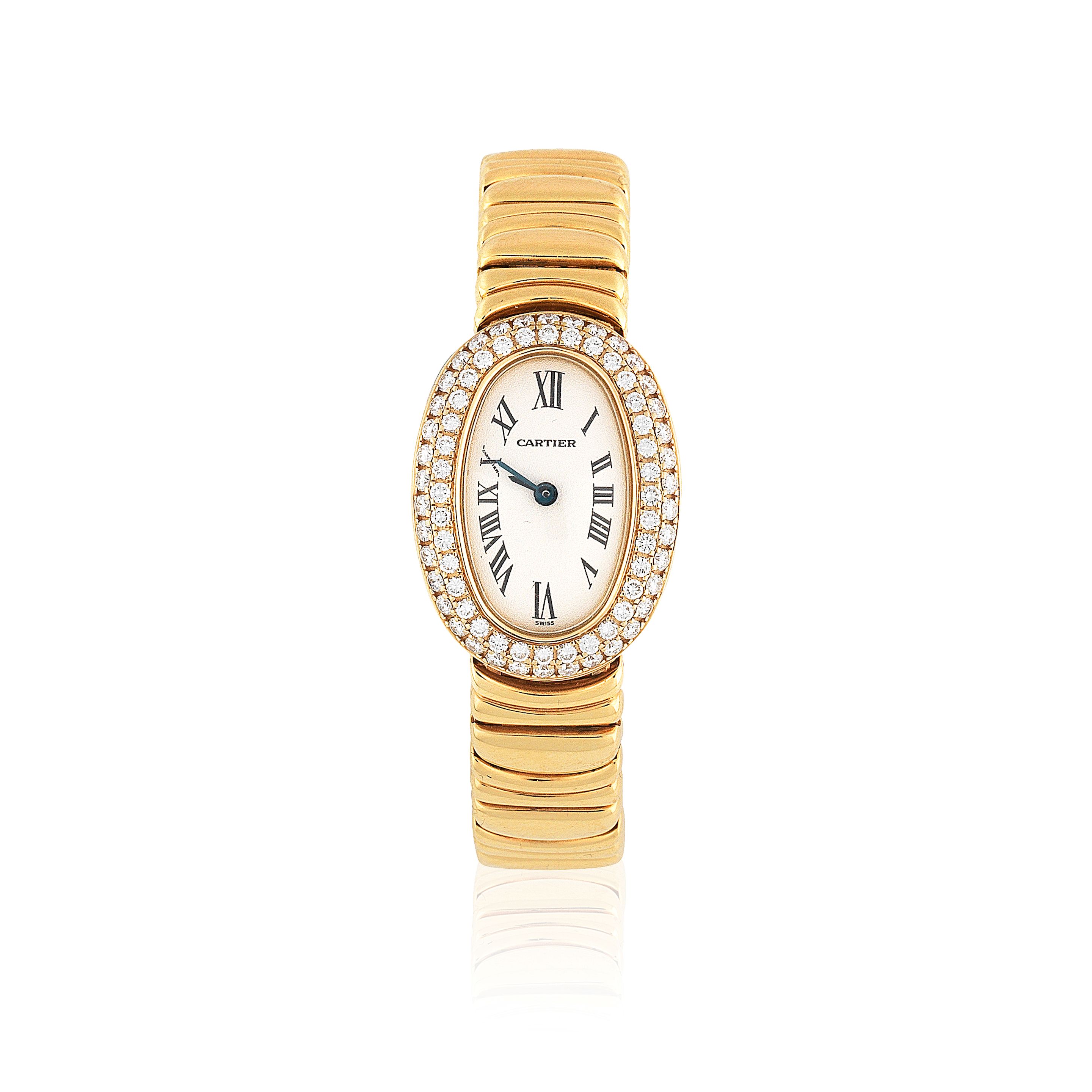 Cartier. A lady's 18K gold and diamond set quartz oval bracelet watch Baignoire, Ref: 2368, Circa 1990