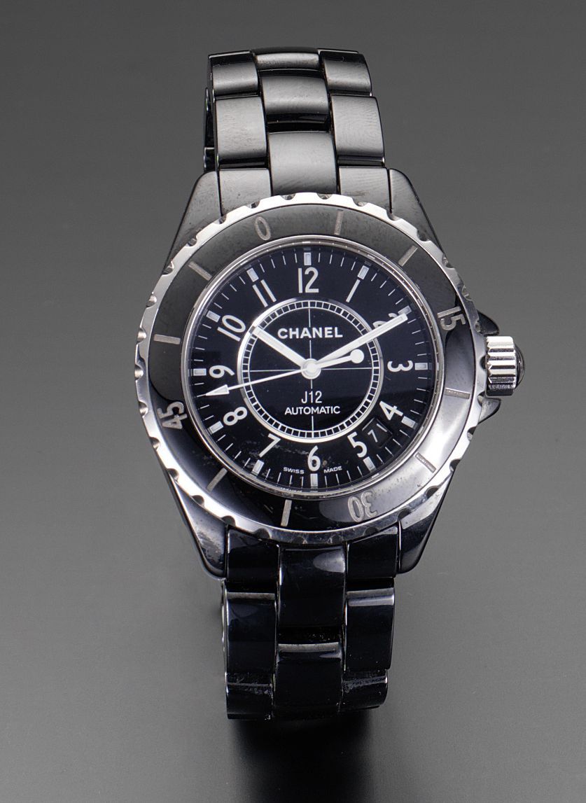 Chanel. A black ceramic automatic calendar bracelet watch together with fitted box and papersJ12, Ref:H0685, Serial No: DB02594, Sold in Chanel fine jewellery, London, 5th ...