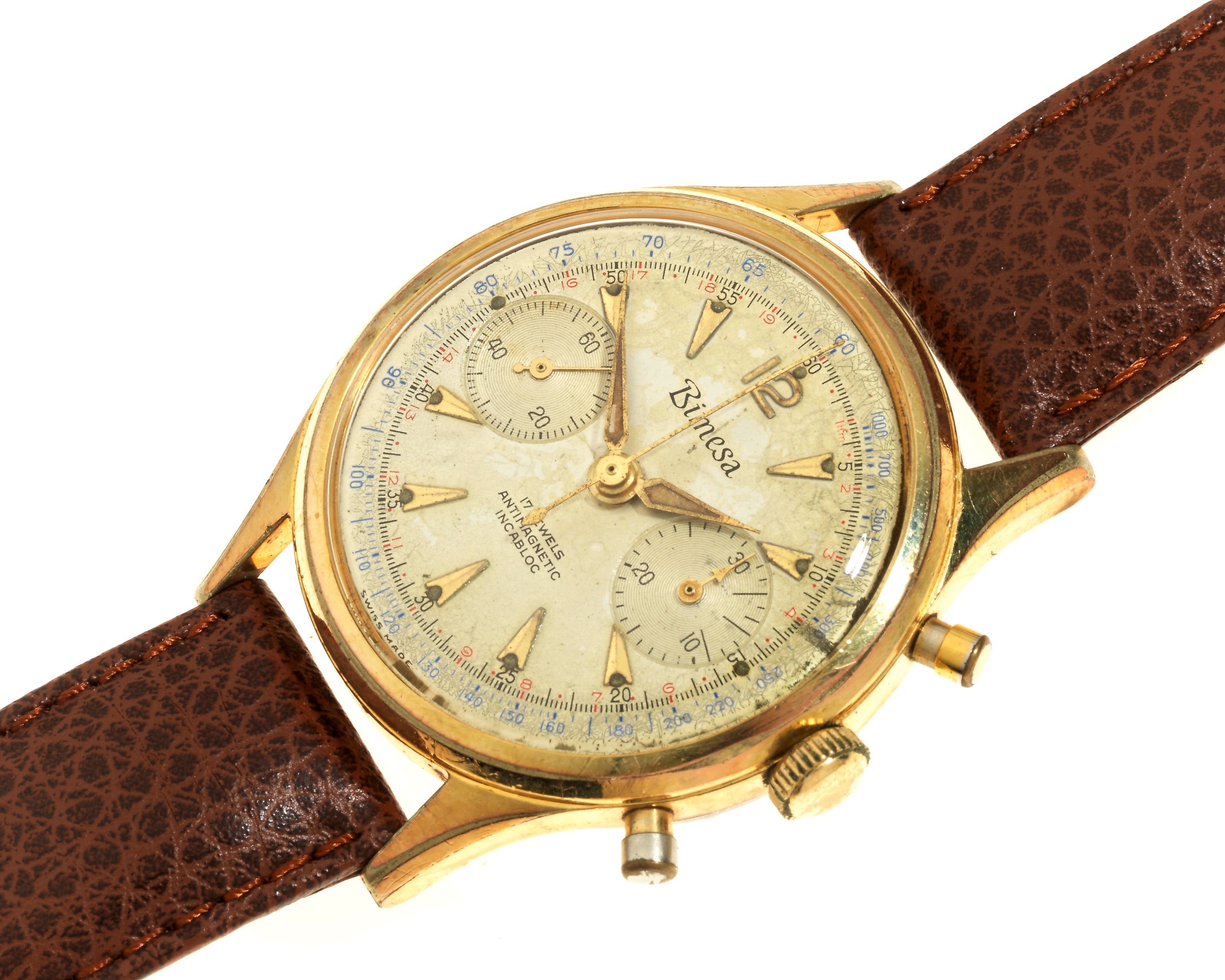 Bimesa. A gold plated and stainless steel manual wind chronograph wristwatch