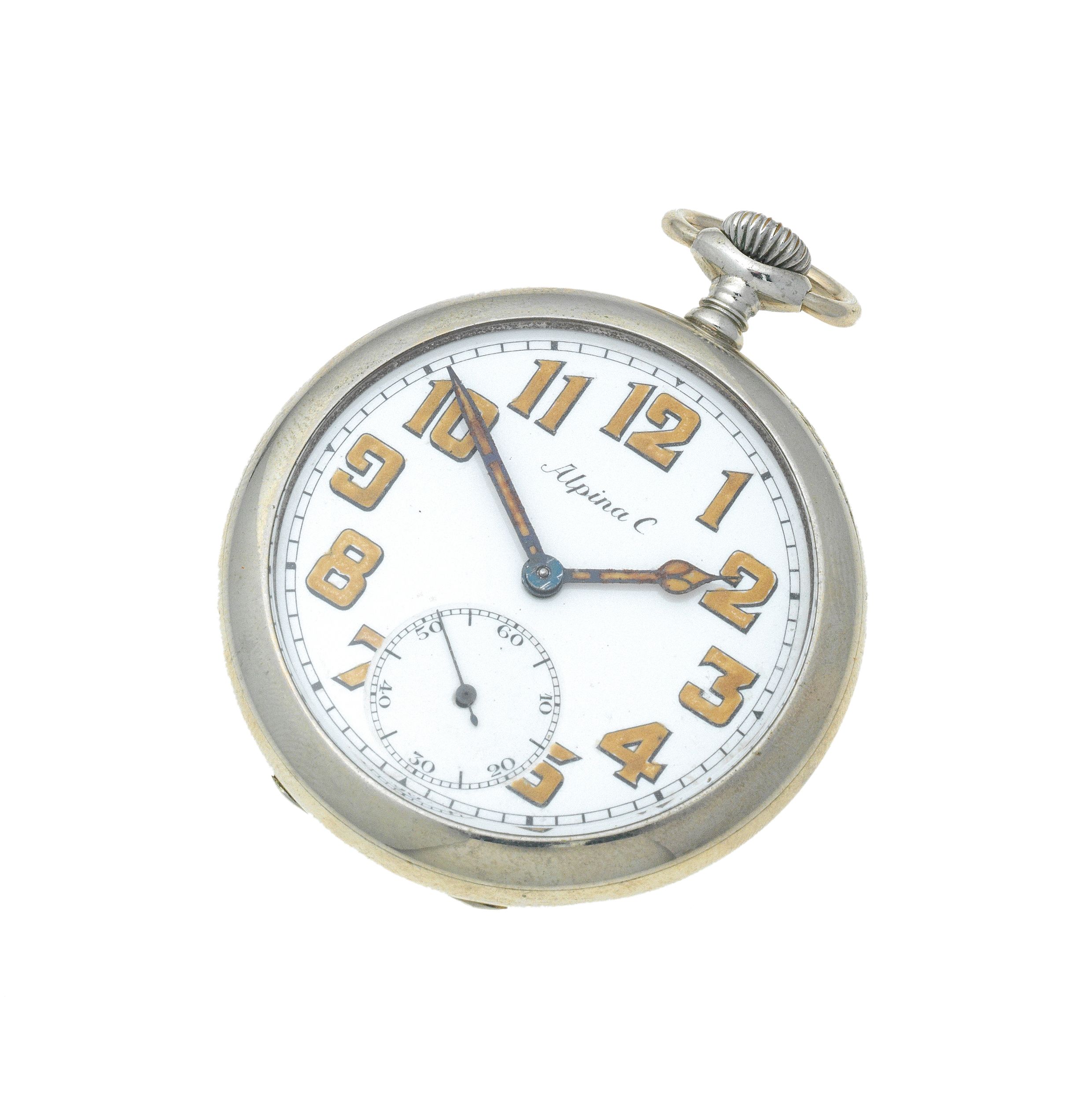 Alpina. A stainless steel keyless wind open face pocket watch