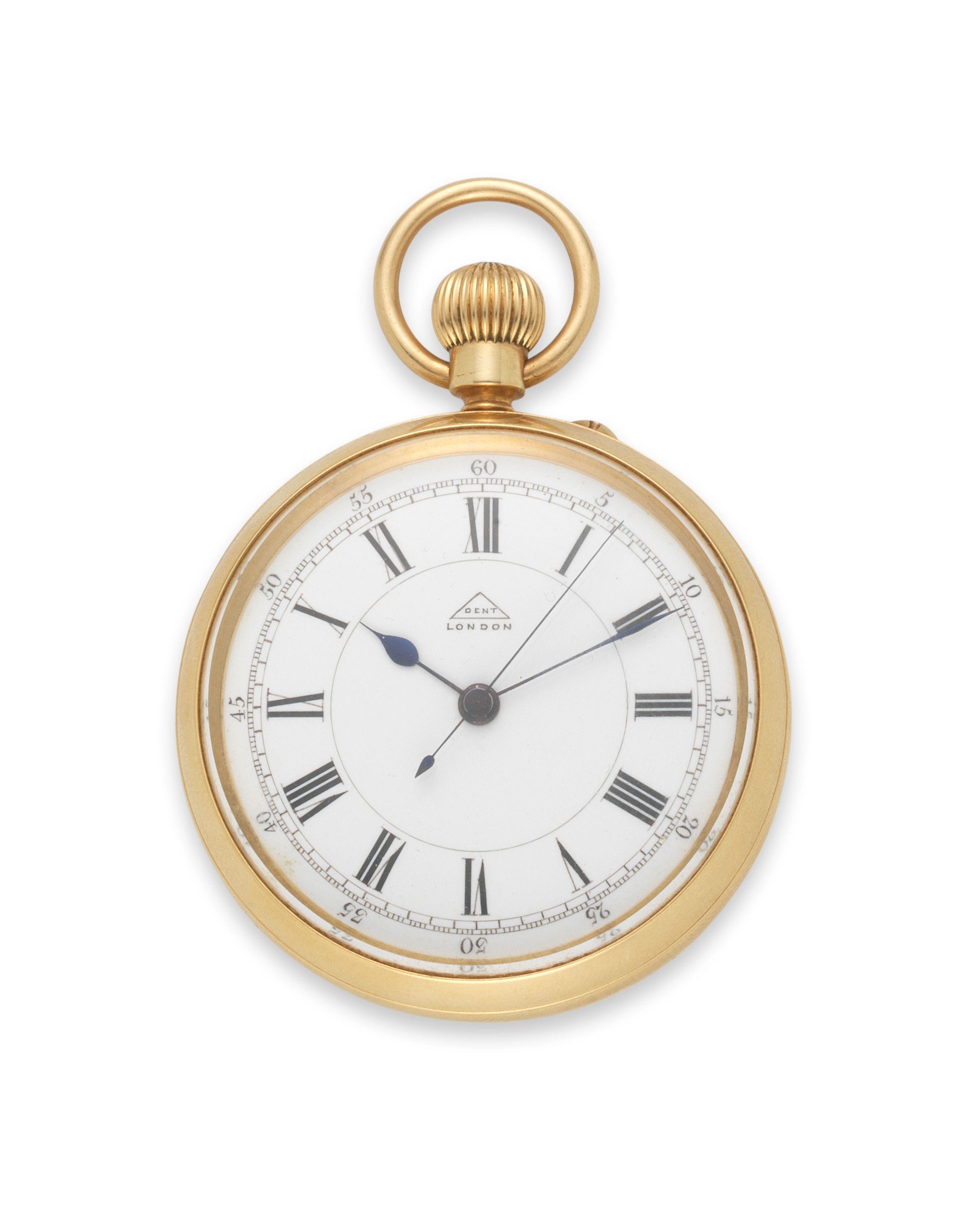 Dent, 61 Strand & 4 Royal Exchange, London. An 18K gold keyless wind open face pocket watch with centre seconds London Hallmark for 1905