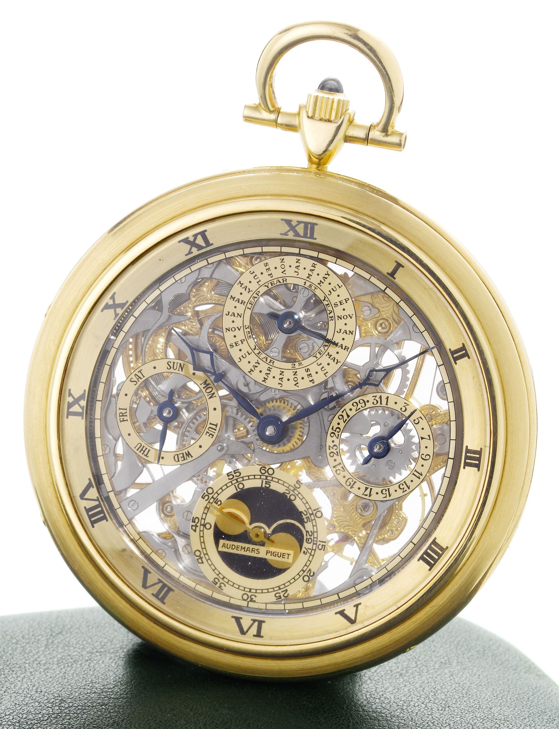 Audemars Piguet. A fine and rare 18ct gold open face skeletonised perpetual calendar pocket watch with fitted box Certificate and Guarantee of AuthenticityQuartieme Perpetual No.2, ...