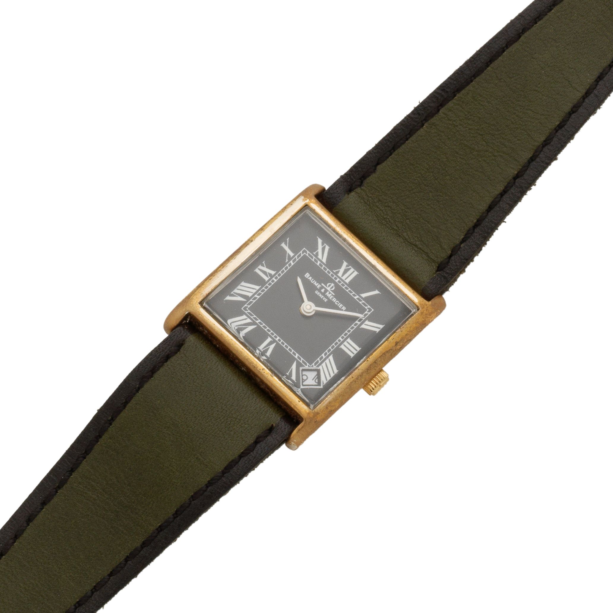 Baume & Mercier. A gold plated manual wind square calendar wristwatch Ref: 613, Circa 1980