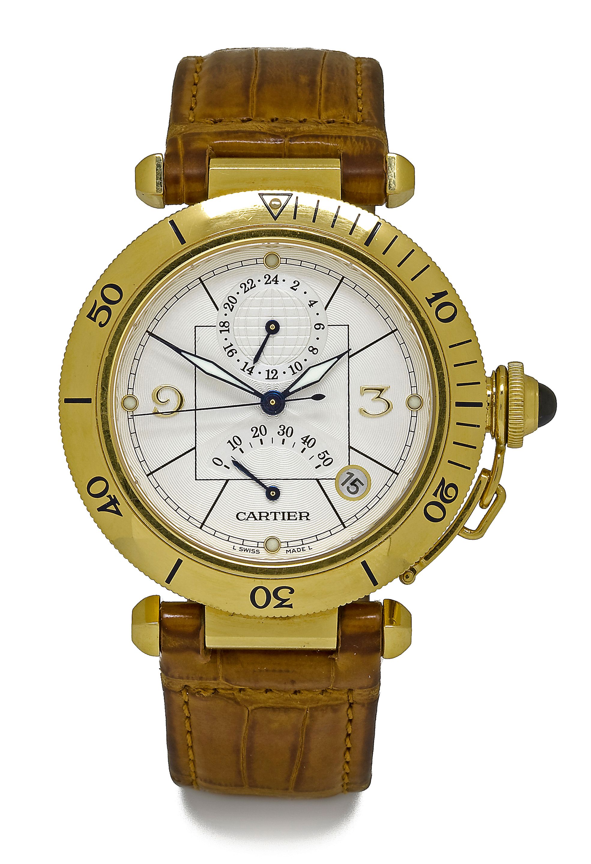 Cartier An 18K gold dual time zone automatic calendar wristwatch with power reservePasha de Cartier, no.374900MG/2395, sold in 2002.