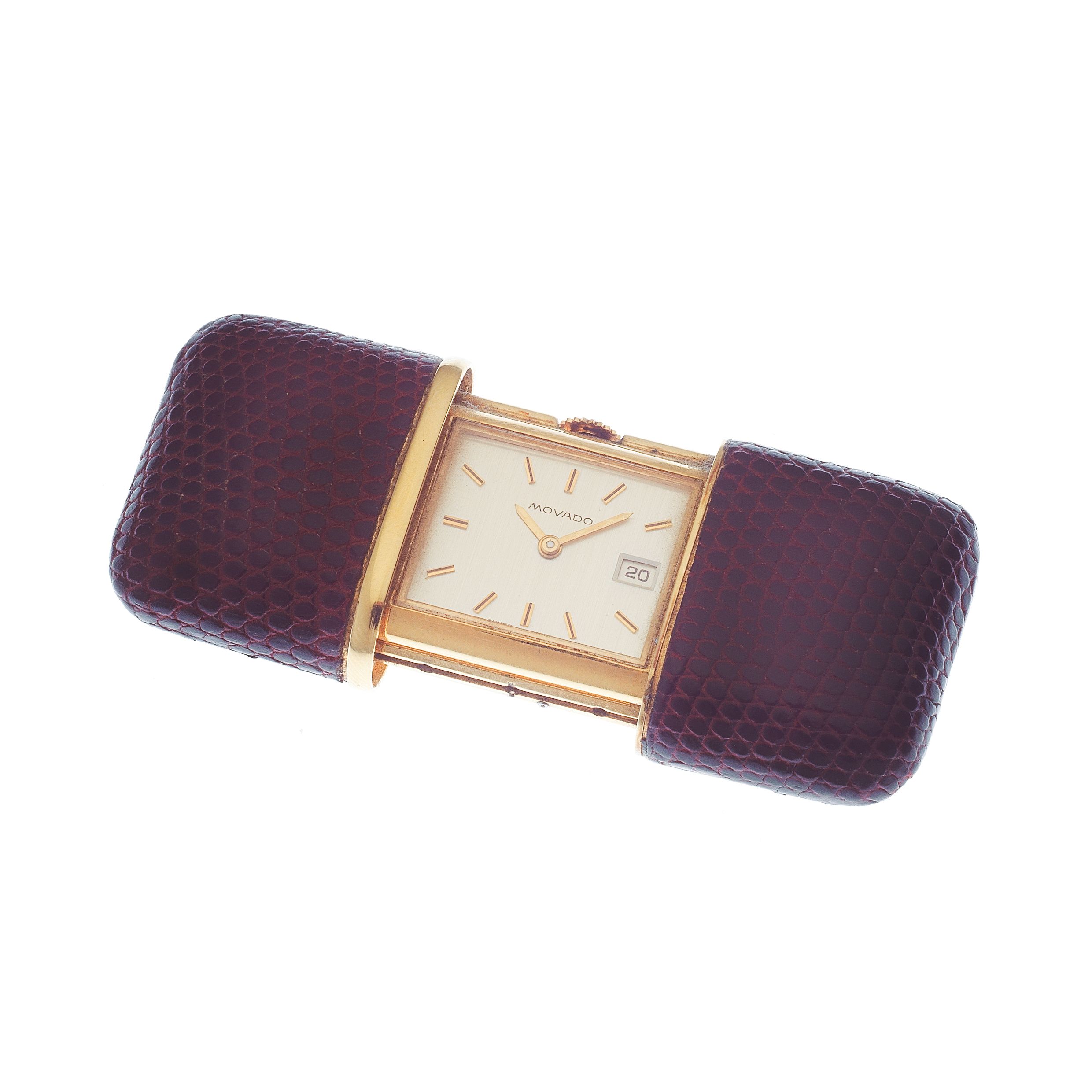 Movado. A gold plated and leather sliding manual wind purse watch Circa 1970