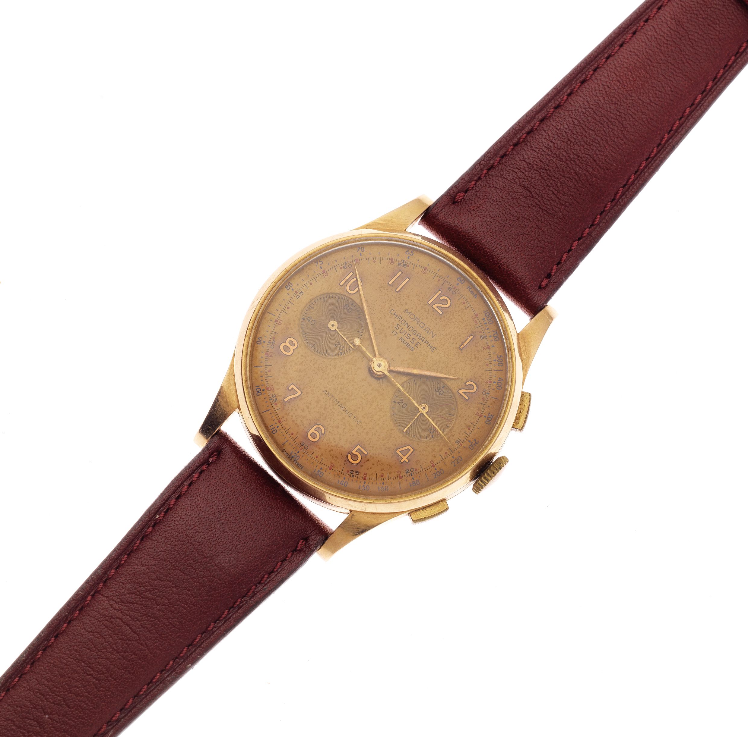 Morgan, Chronographe Suisse. An 18K gold manual wind chronograph wristwatch Circa 1950