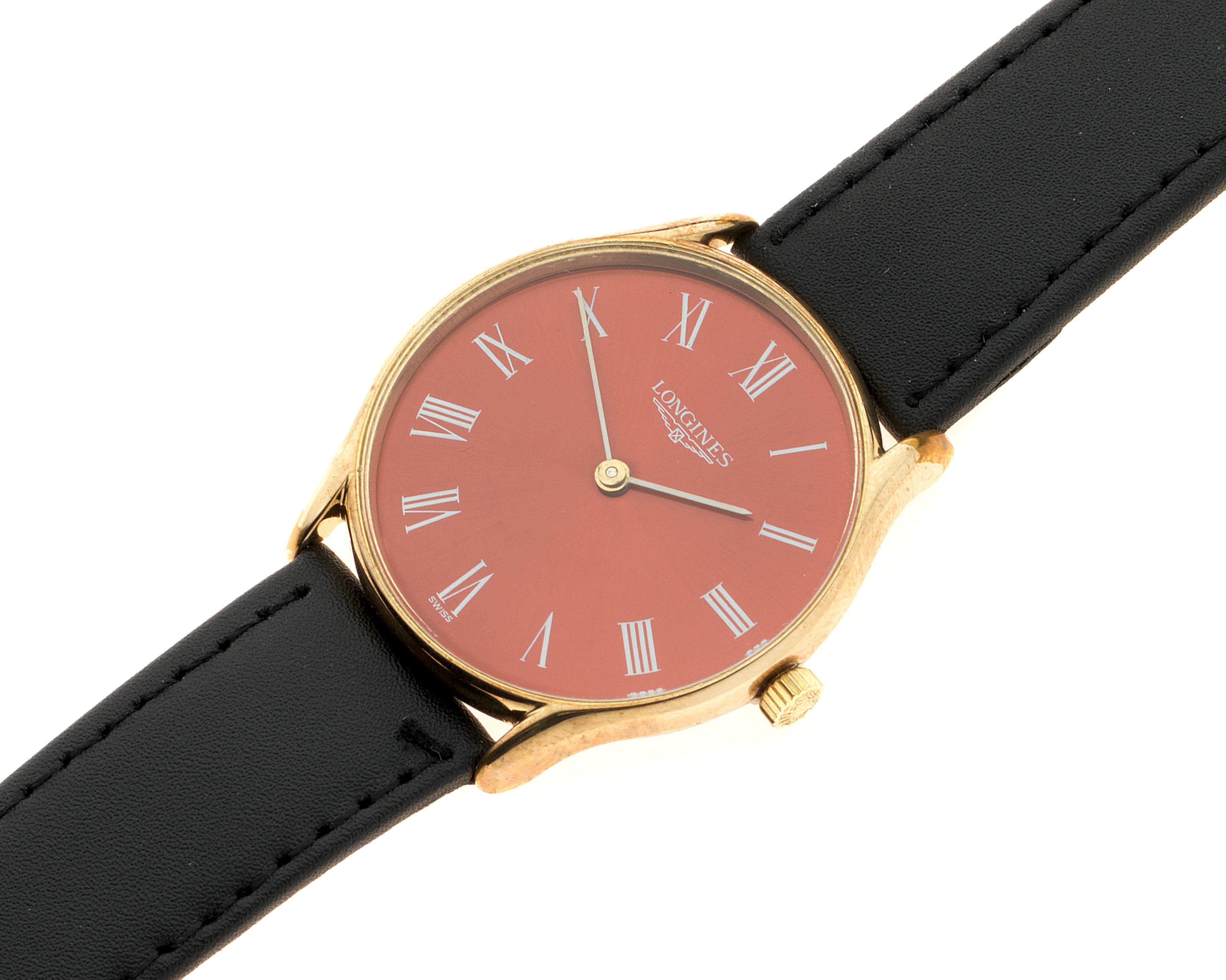 Longines. A gold plated manual wind wristwatch