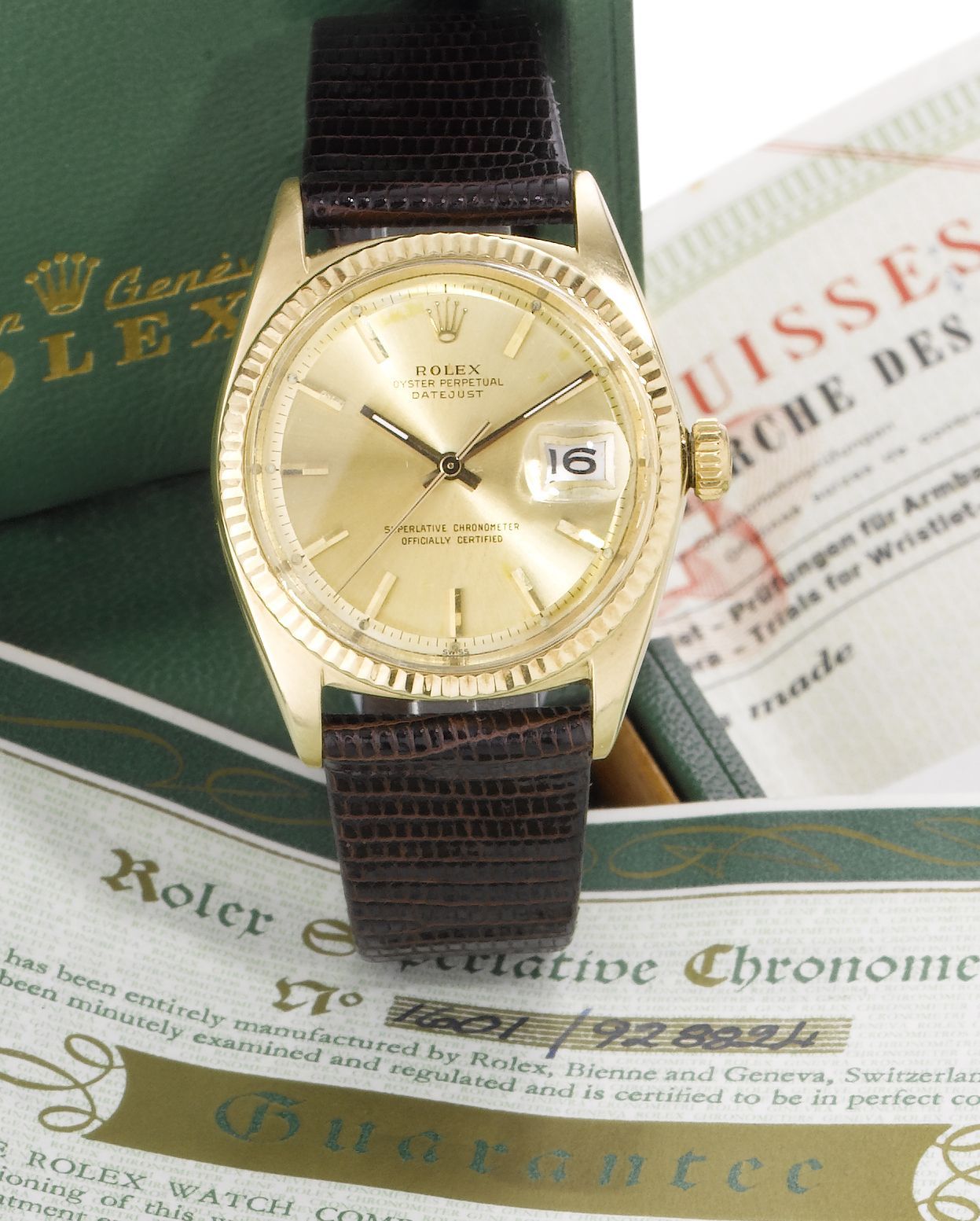 Rolex. A fine 14ct gold automatic calendar wristwatch with original Datejust box and rating certificateDatejust, Ref:1601, Serial No.928824, Sold 24th January 1966