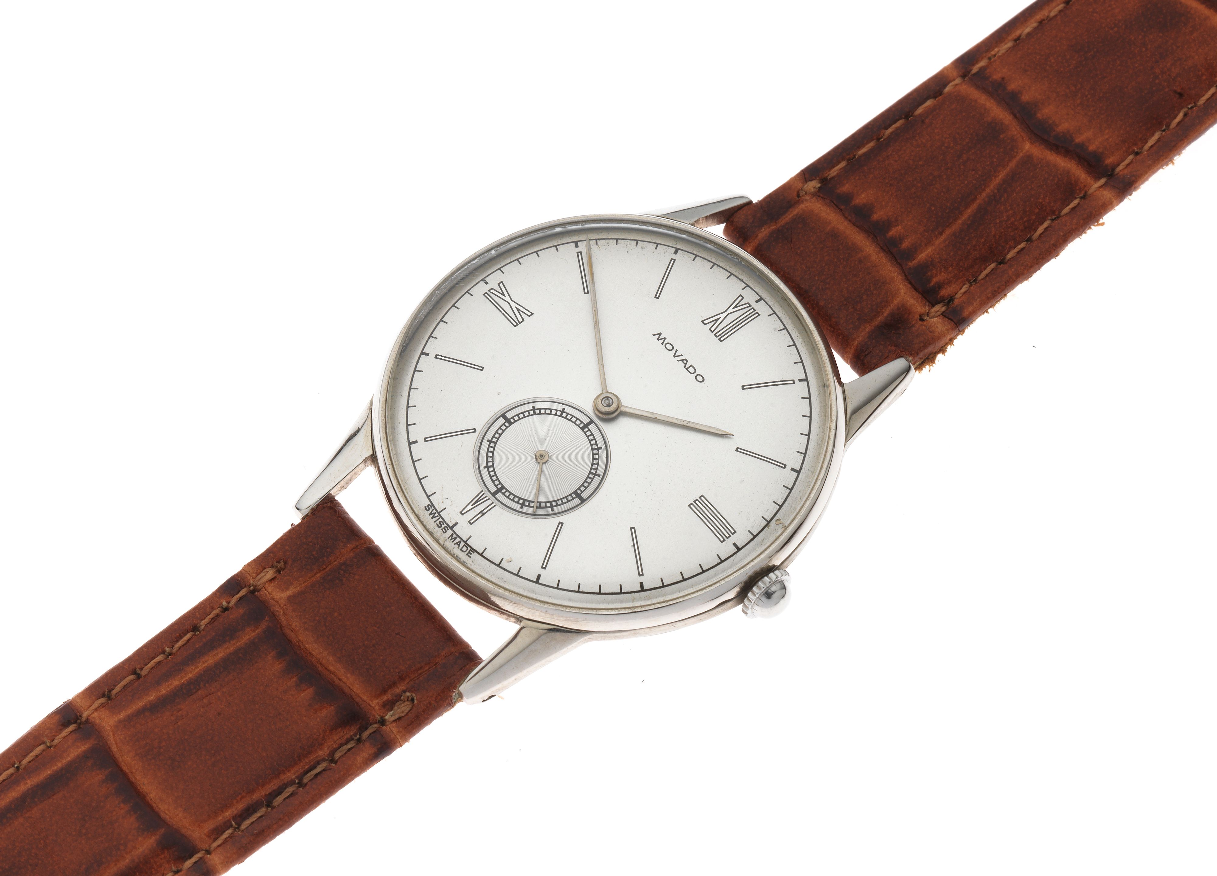 Movado. A stainless steel manual wind wristwatch