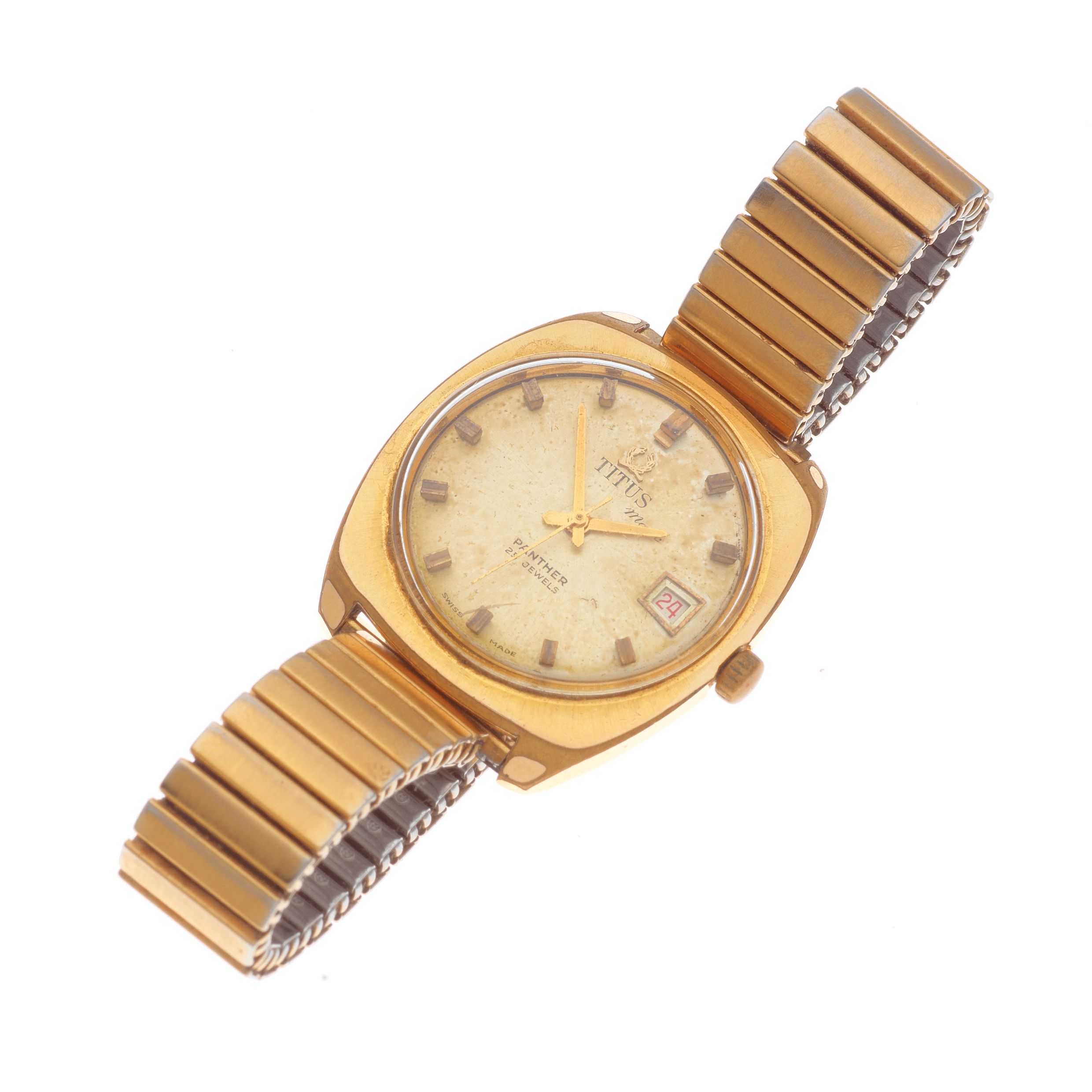 Titus. A gold plated and stainless steel manual wind calendar bracelet watch Panther, Ref: 7935, Circa 1970