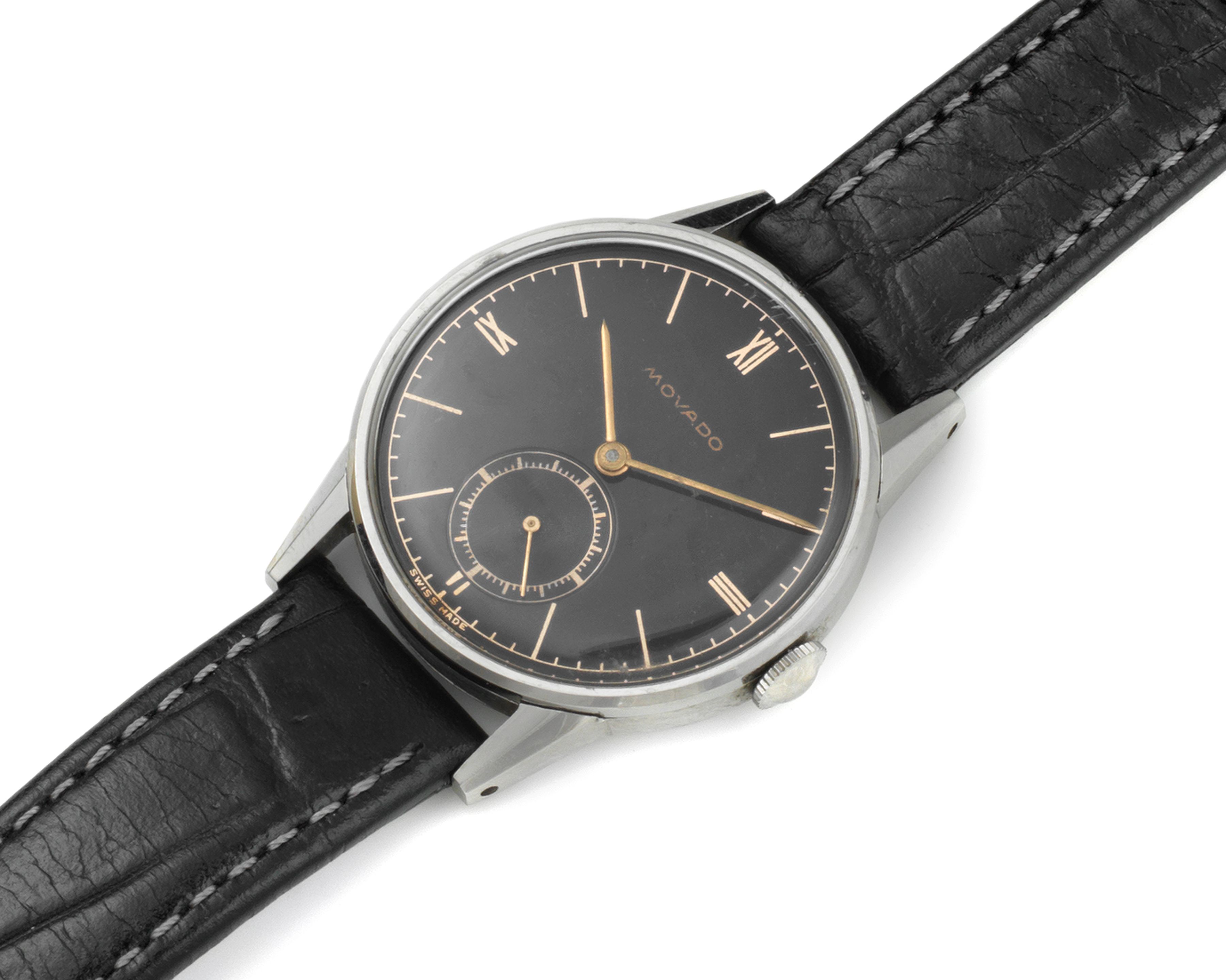 Movado. A stainless steel manual wind wristwatch