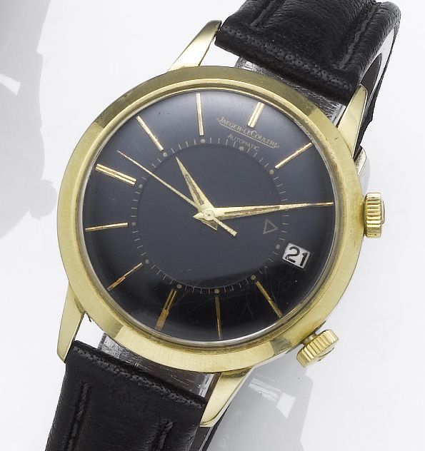 Jaeger LeCoultre. A gold plated automatic centre seconds calendar alarm wristwatchMemovox, Case No.821442, Movement No.1468636, 1950's