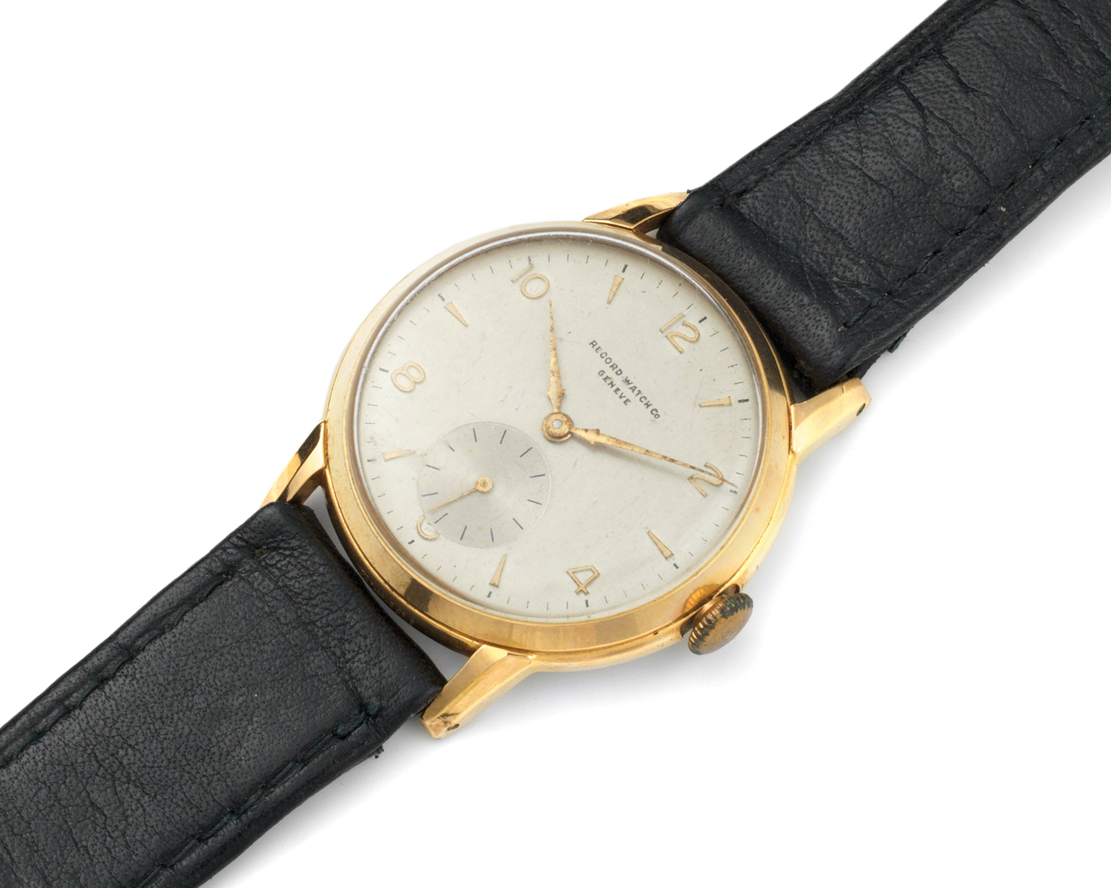 Record. A gold plated and stainless steel manual wind wristwatch