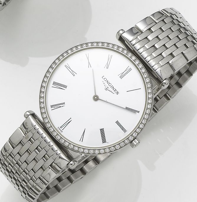 Longines. A stainless steel and diamond set bracelet watchGrande classique, Sold 3rd of July 2004