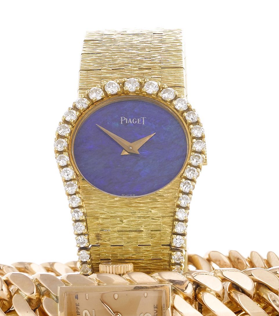 Piaget. A fine and unusual lady's 18ct gold and diamond set bracelet watch with lapis-lazuli dialMovement No:8104169, Made in 1981