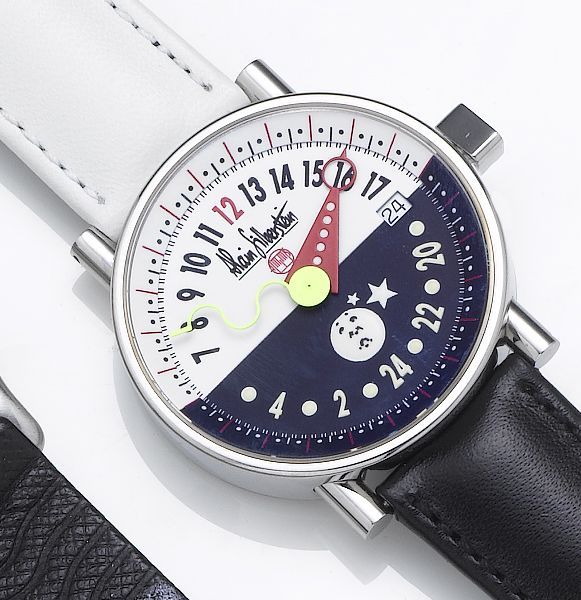 Alain Silberstein. A limited edition stainless steel automatic centre seconds calendar wristwatch together with fitted presentation box and papers24 Heures, No.41/500, Sold December 1998